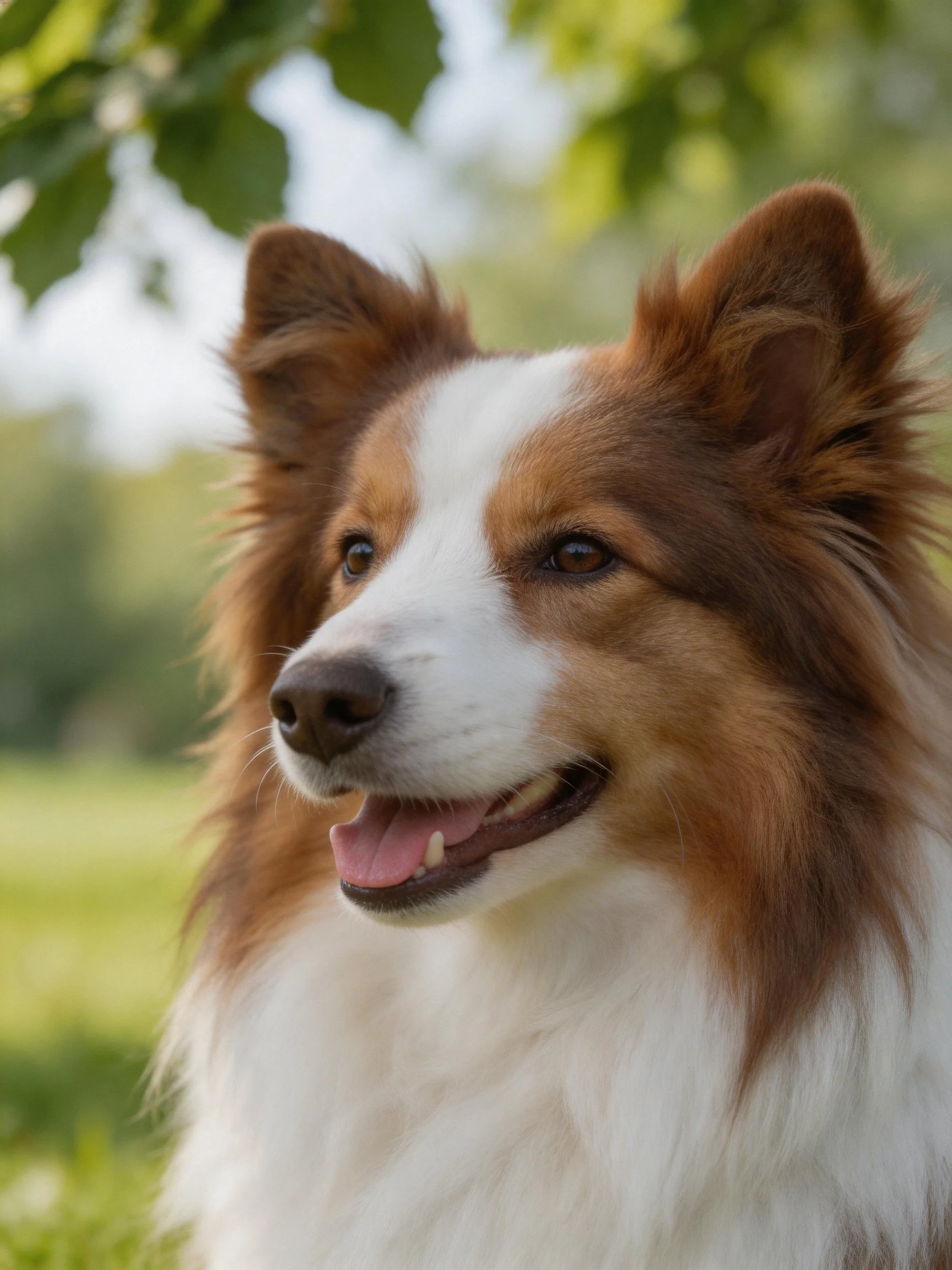 A brown and white shaggy-coated dog is photographed outdoors.