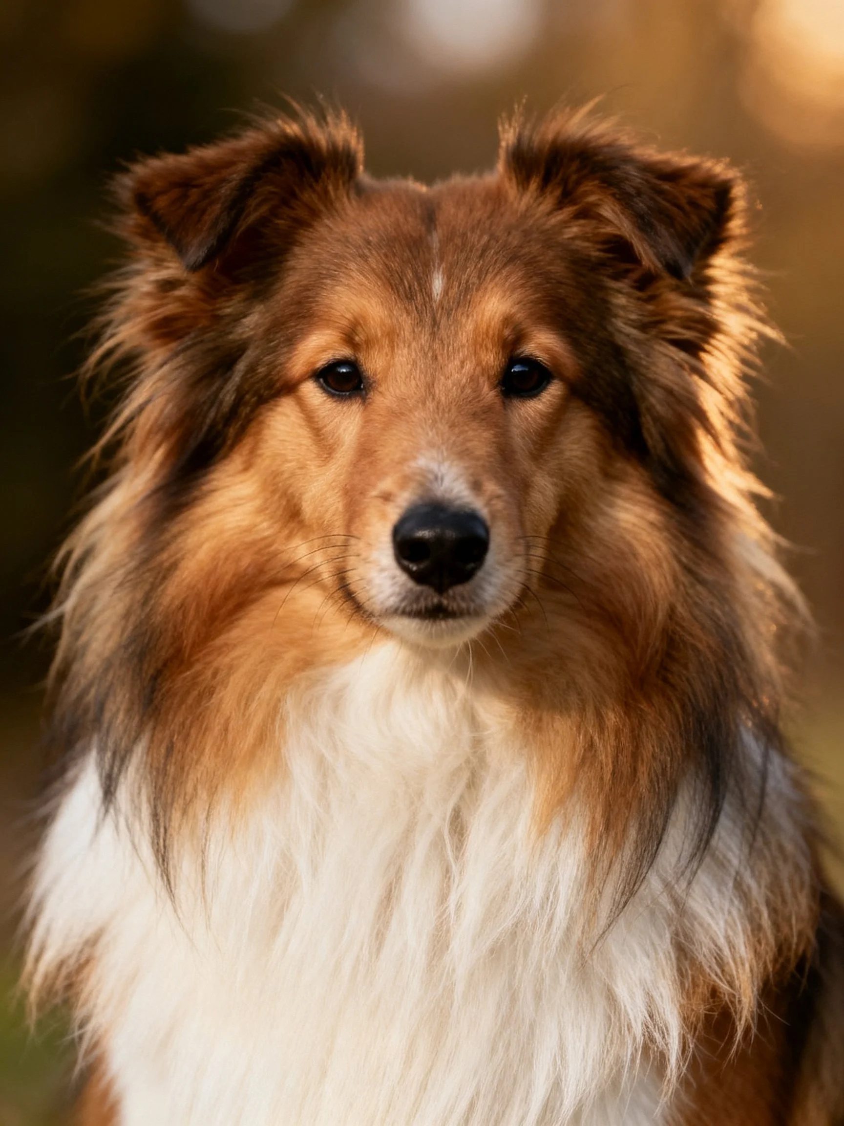 Close - up portrait of a brown and white sheltie with long fur.