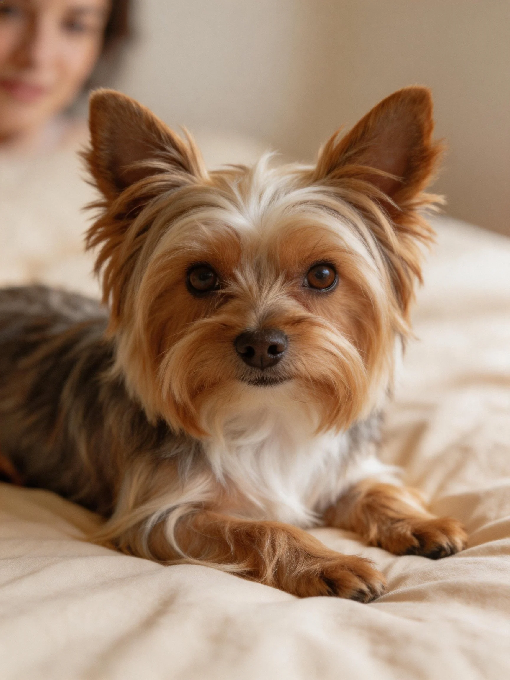 A small brown and white dog rests on a beige bed