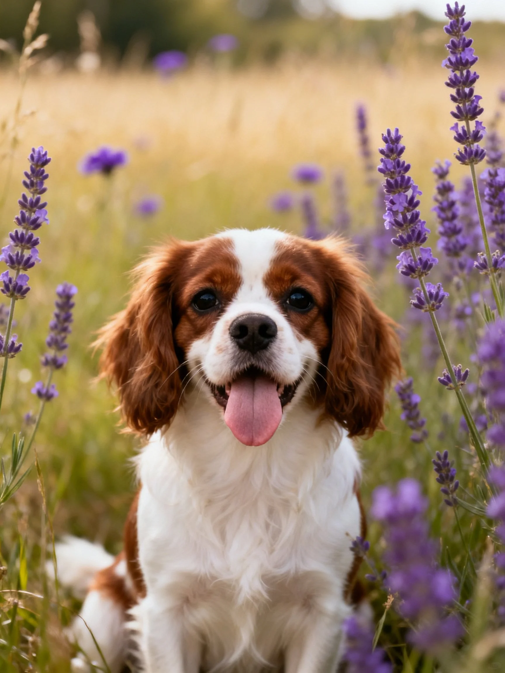 A brown and white spaniel among tall purple lavender blooms