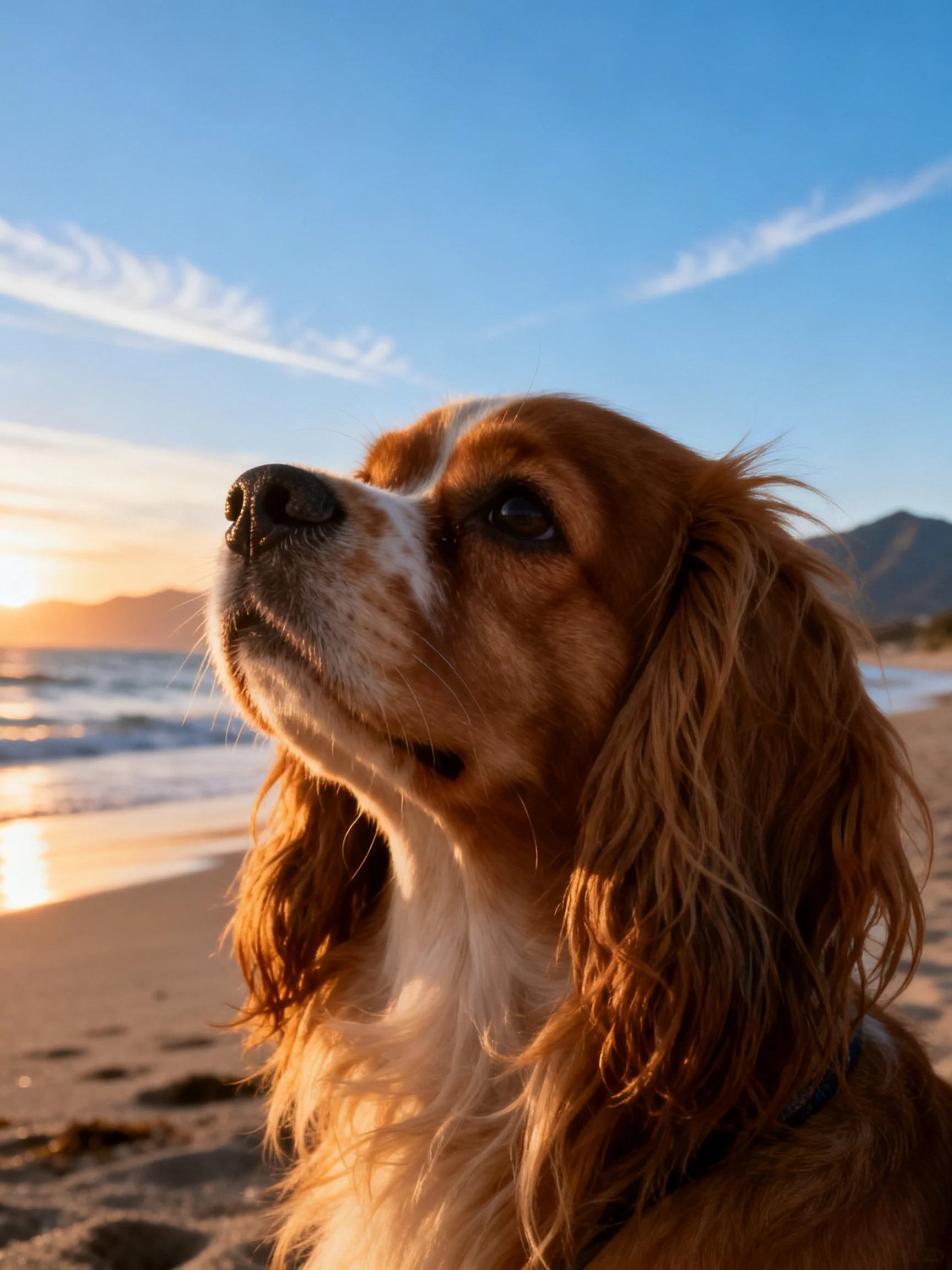 A spaniel enjoys the calm beach ambiance during sunset.