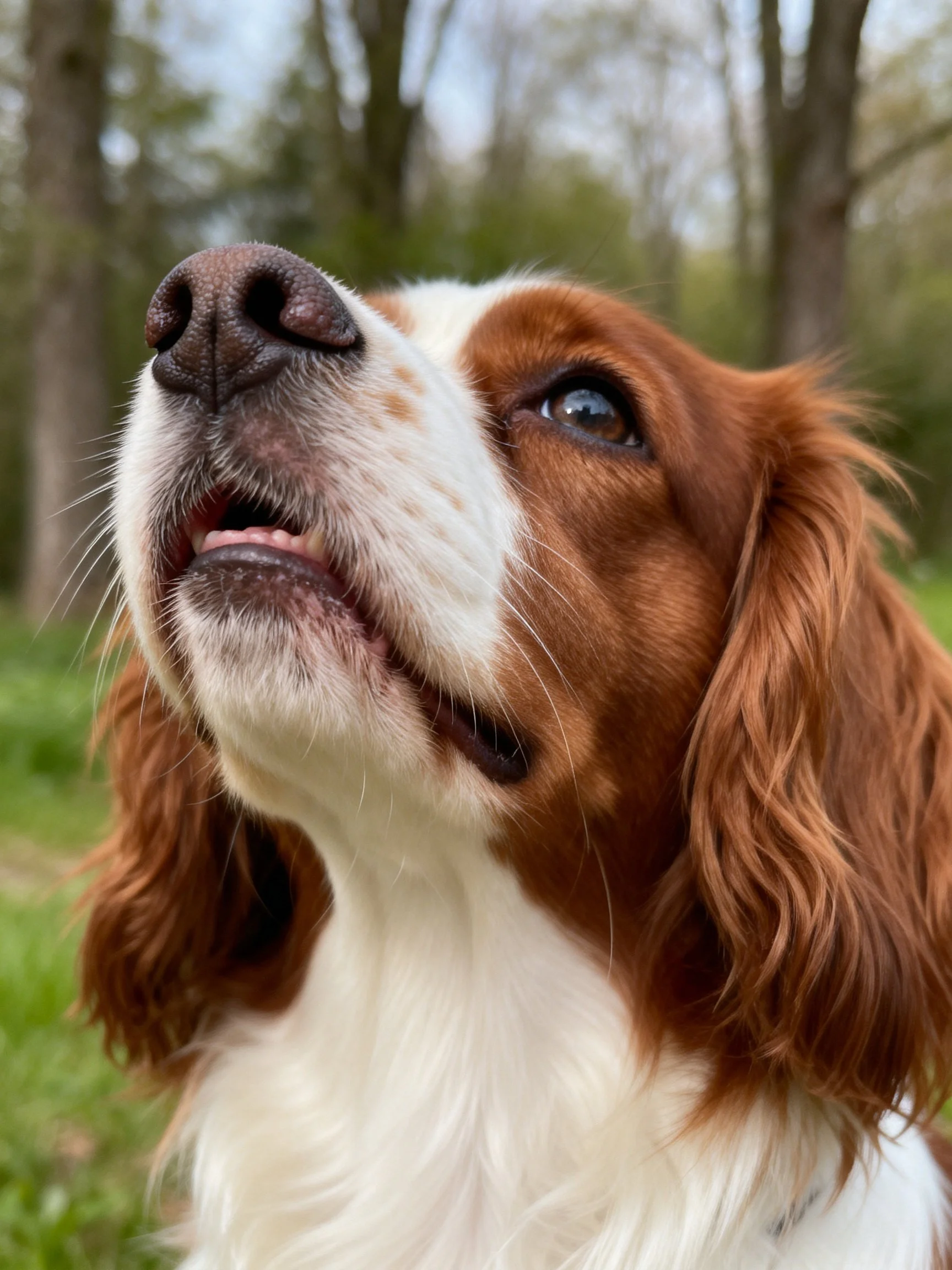 A brown and white spaniel gazes upward among trees