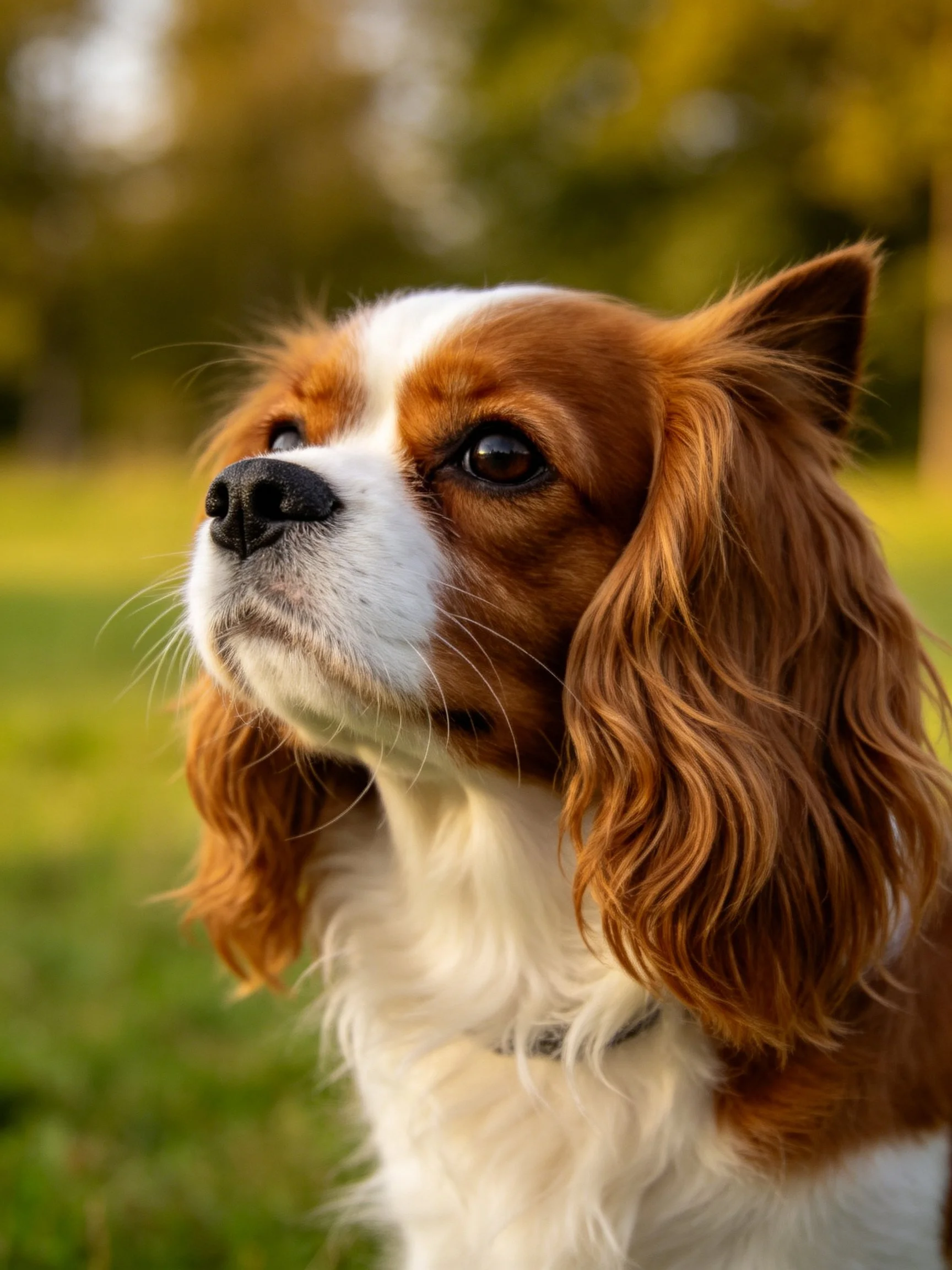 A brown and white spaniel gazing outdoors