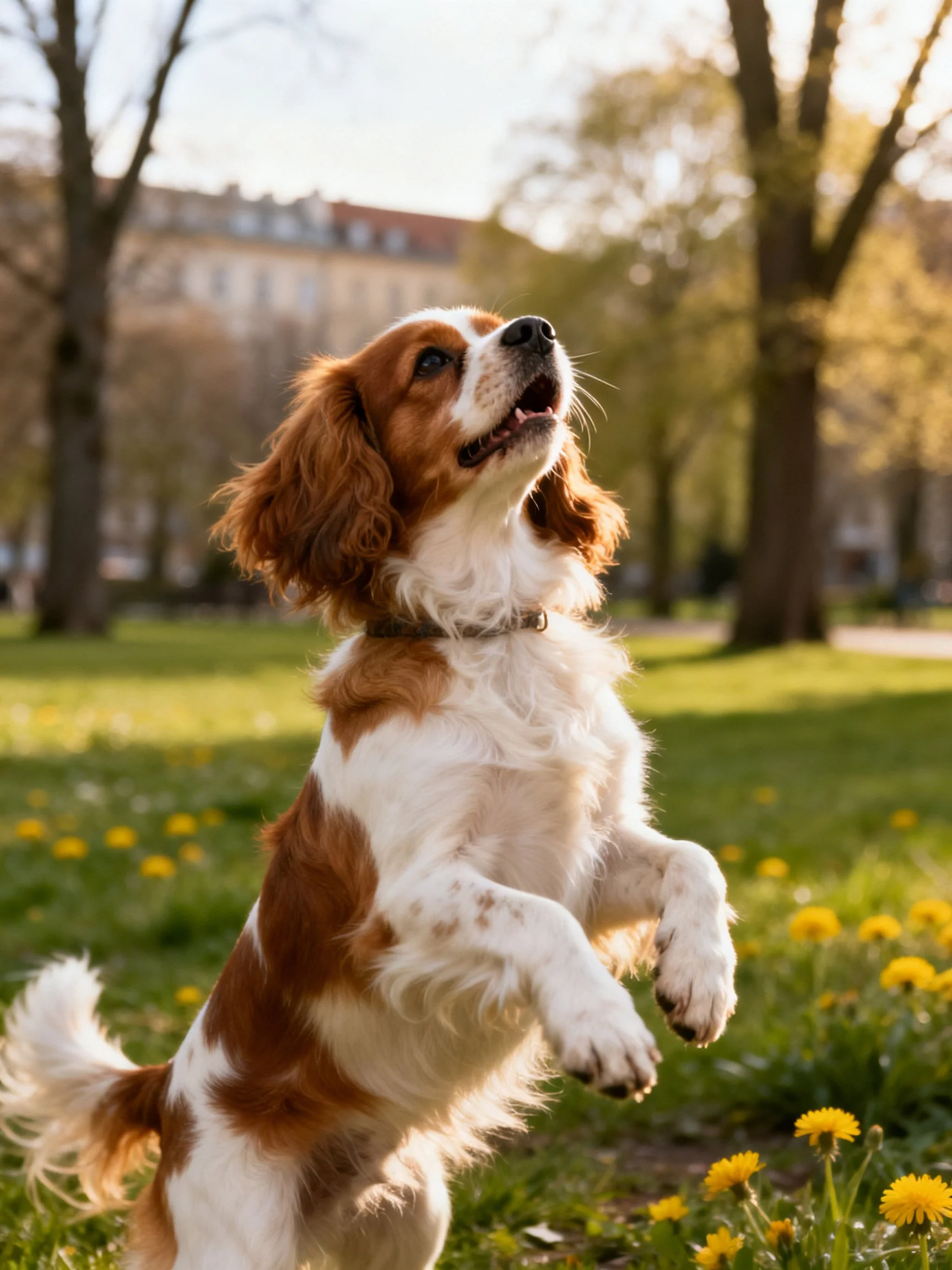 A brown and white spaniel leaps toward yellow dandelions in a sunlit park