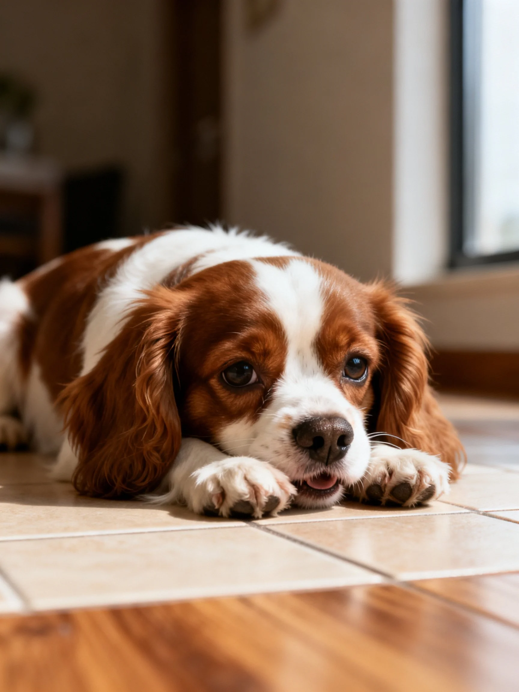 A brown and white spaniel lies on tiled flooring indoors
