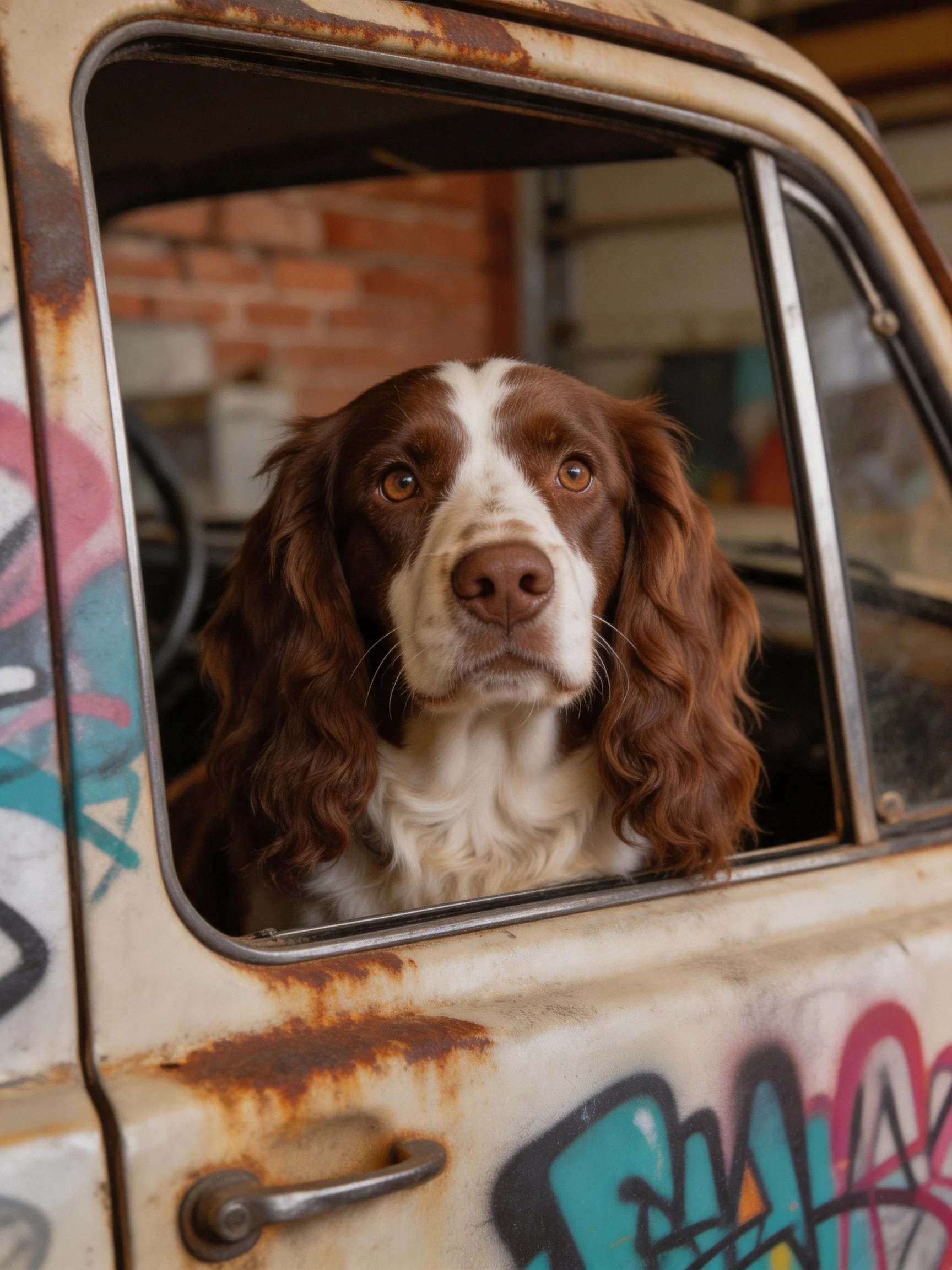 A brown and white spaniel peers from a rusted, graffiti - covered vintage car