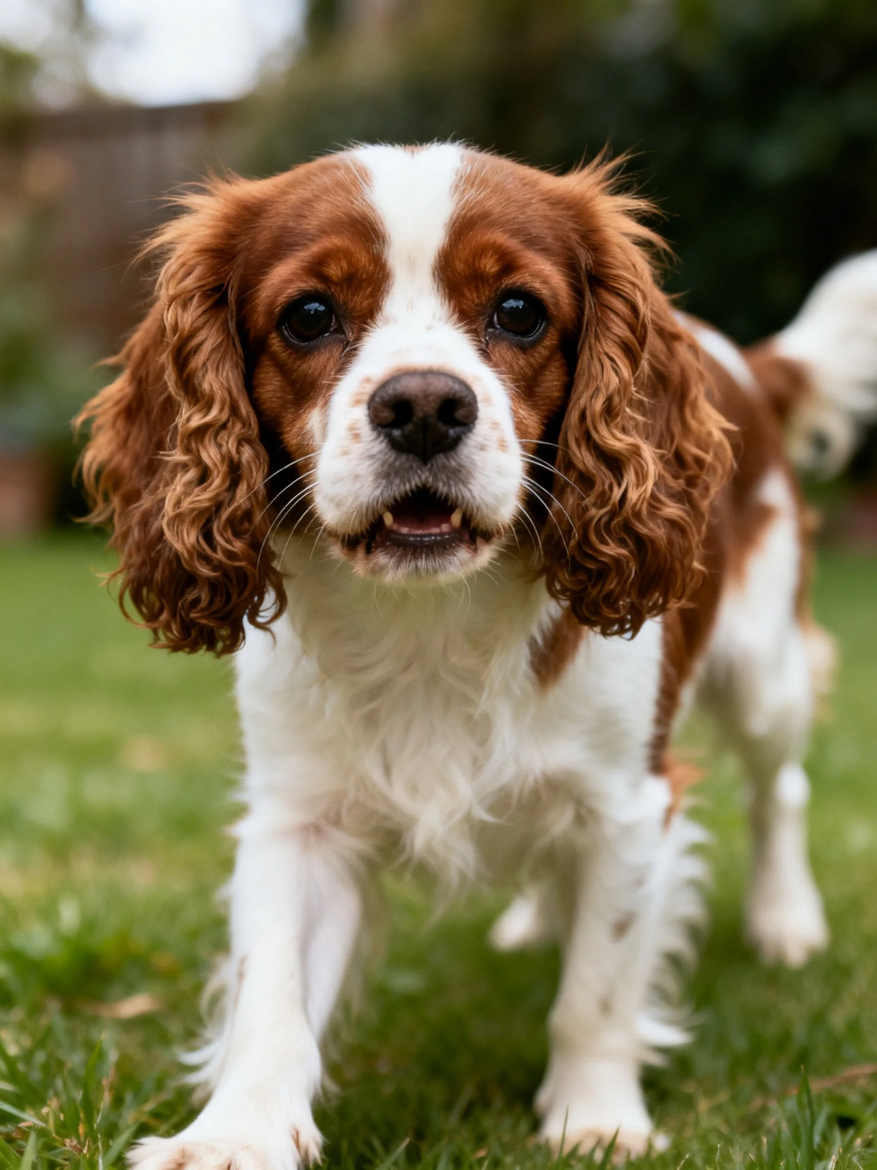 A brown and white spaniel puppy explores an outdoor grassy area.