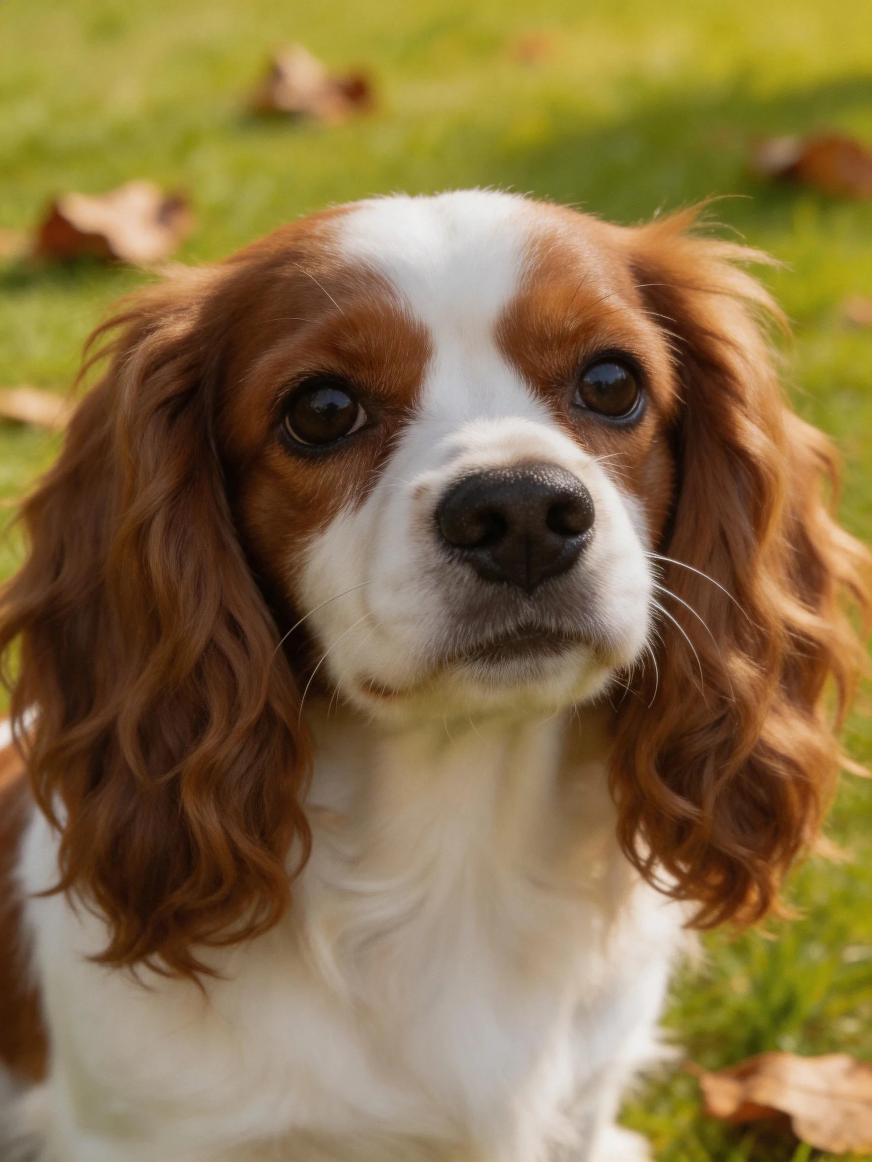 A brown and white spaniel puppy on grass with autumn leaves