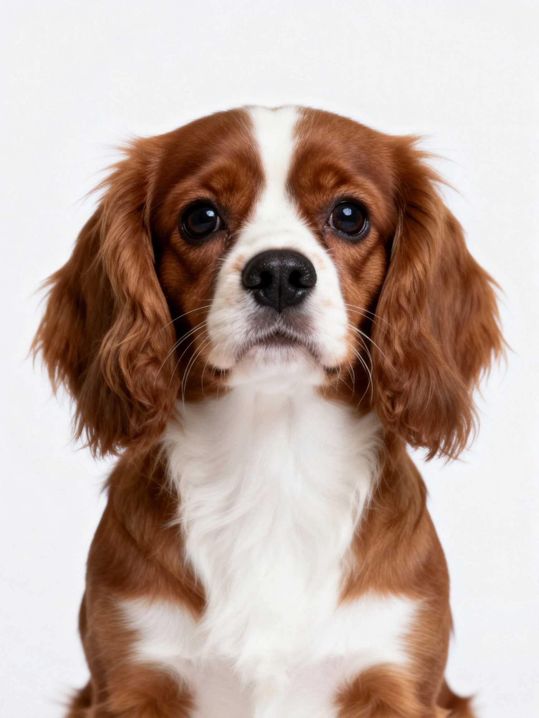 A brown and white spaniel puppy gazes directly at the camera against a plain white background.