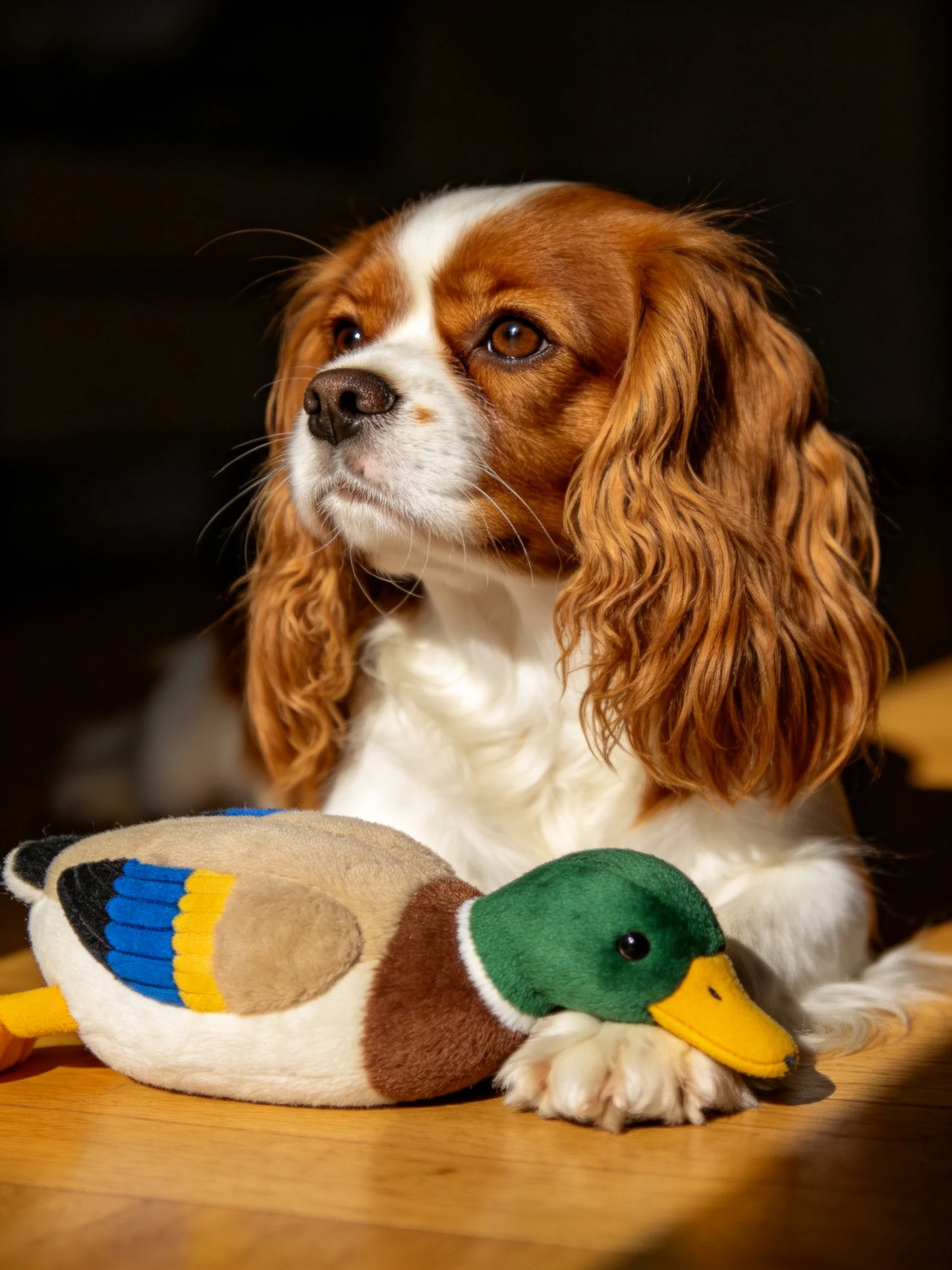 A brown and white spaniel sits near plush ducks on a wooden surface