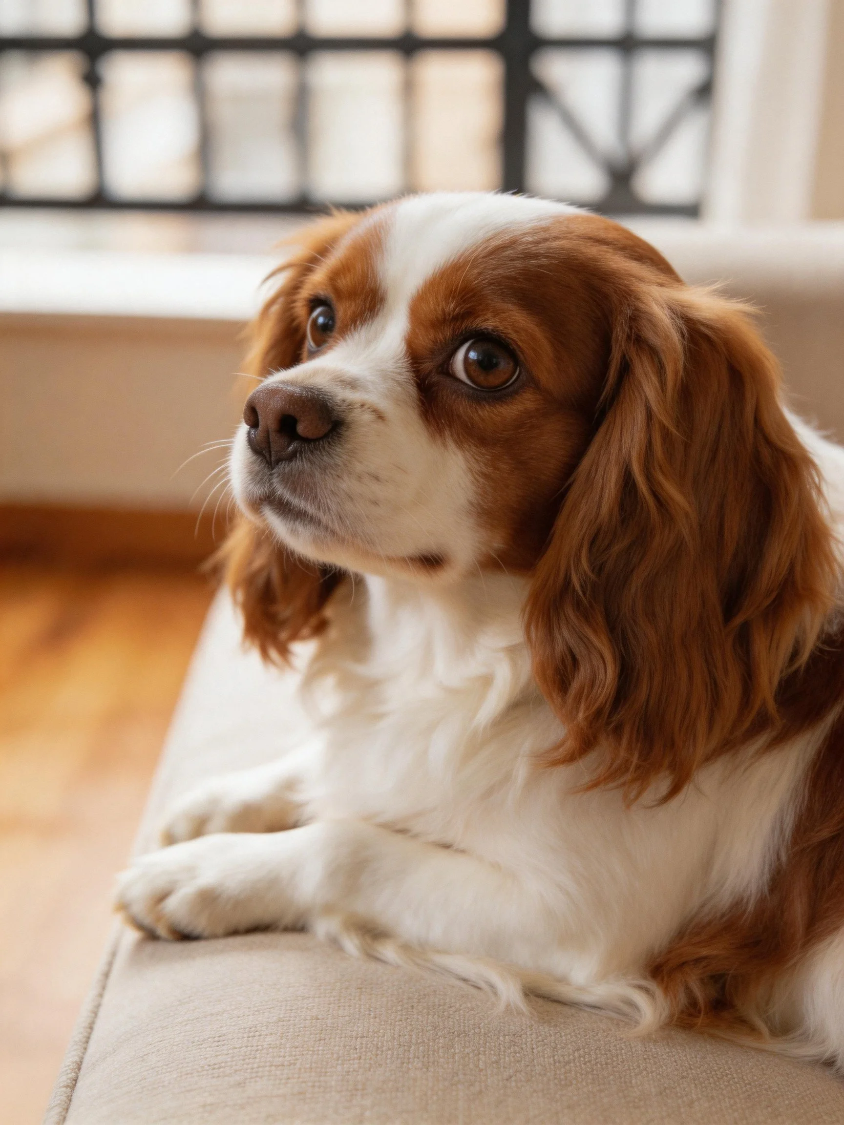 A brown and white spaniel rests on a beige couch near a window
