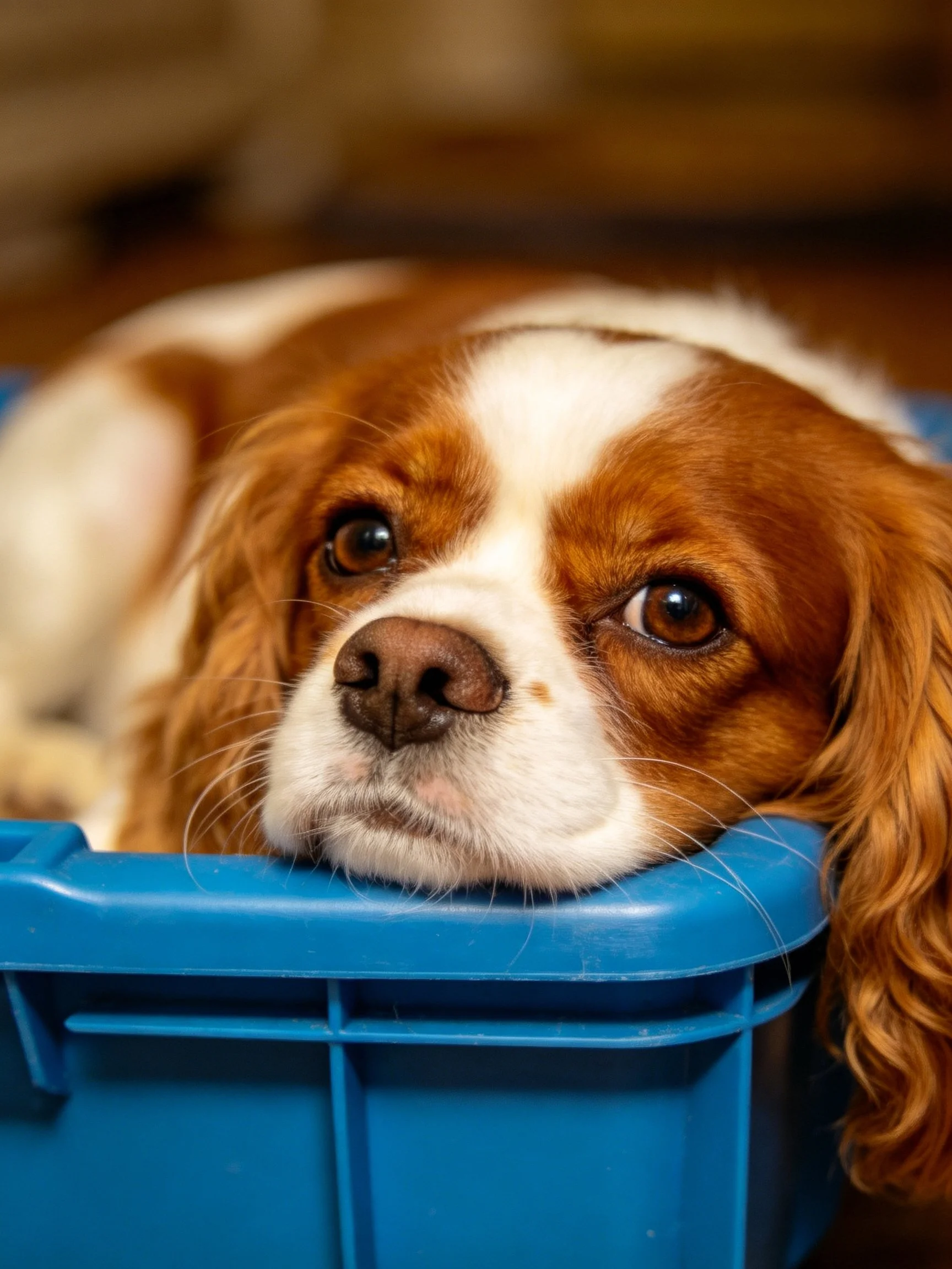 A brown and white spaniel rests on a bright blue plastic container