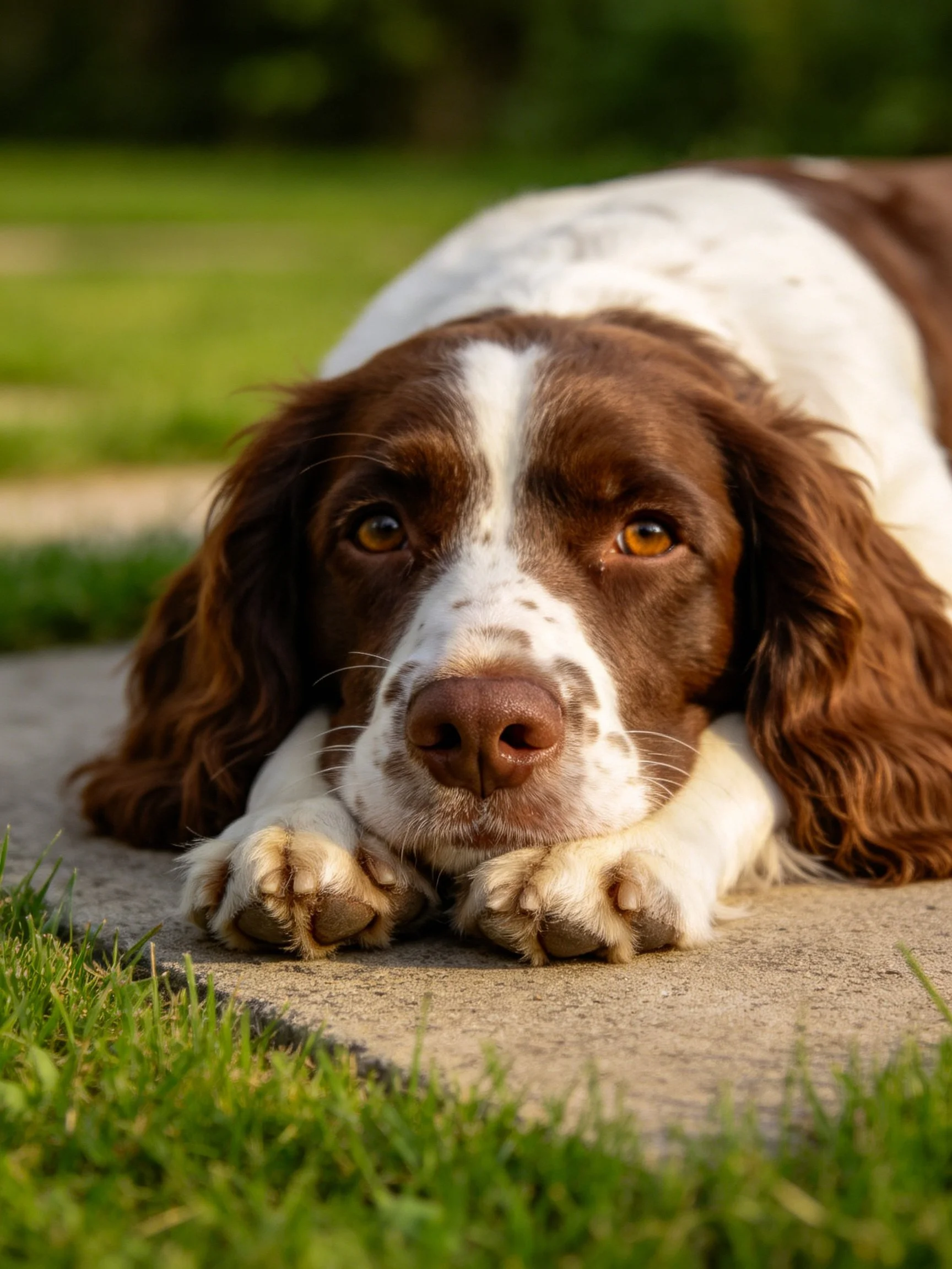 A brown and white spaniel rests on a concrete path