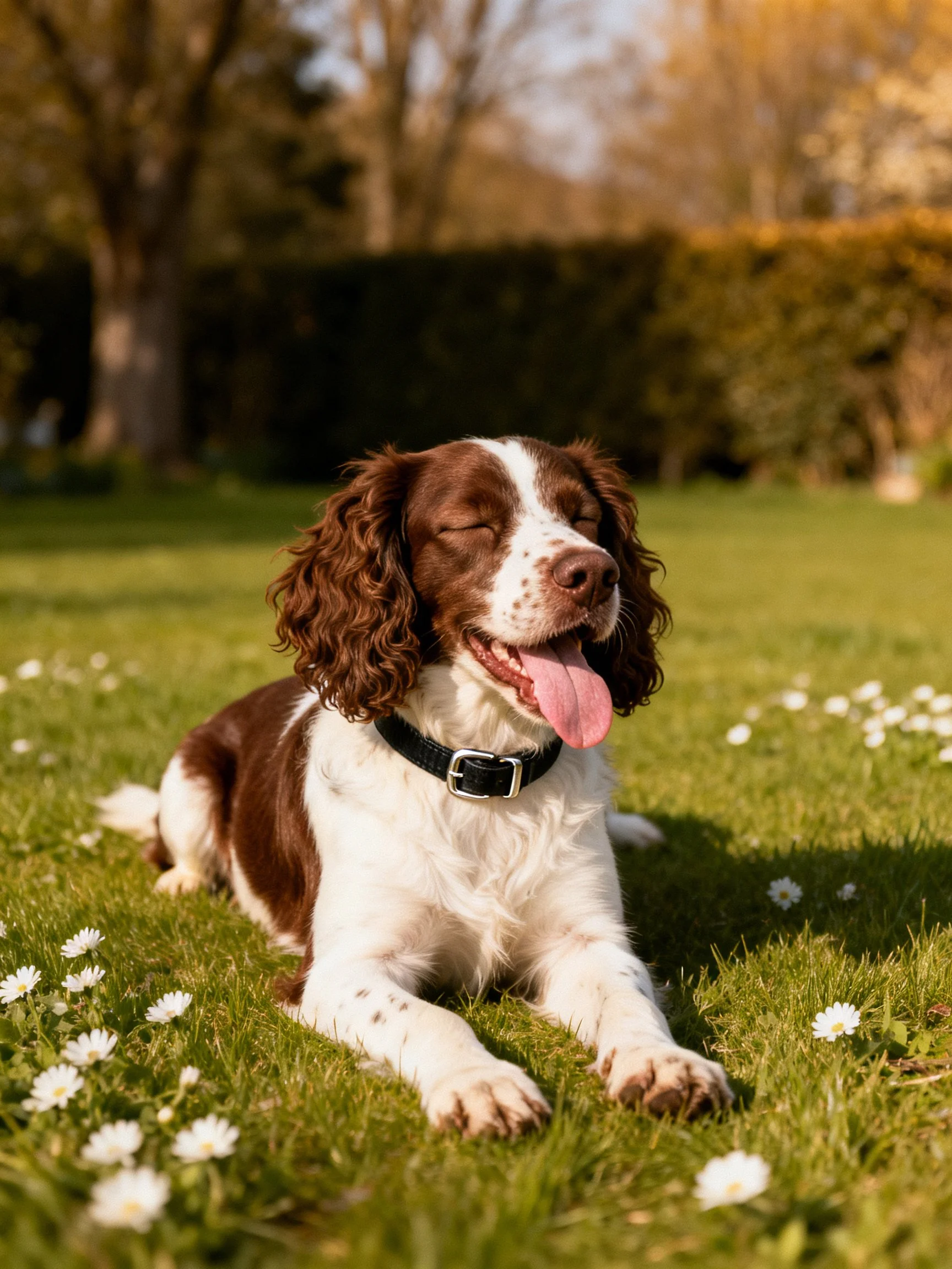 A brown and white spaniel rests on a flower-dotted lawn