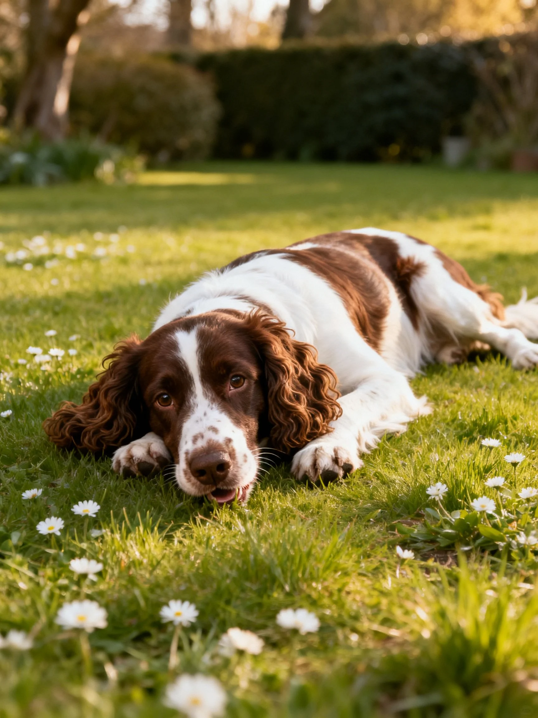 A brown and white spaniel rests on a flower-speckled lawn