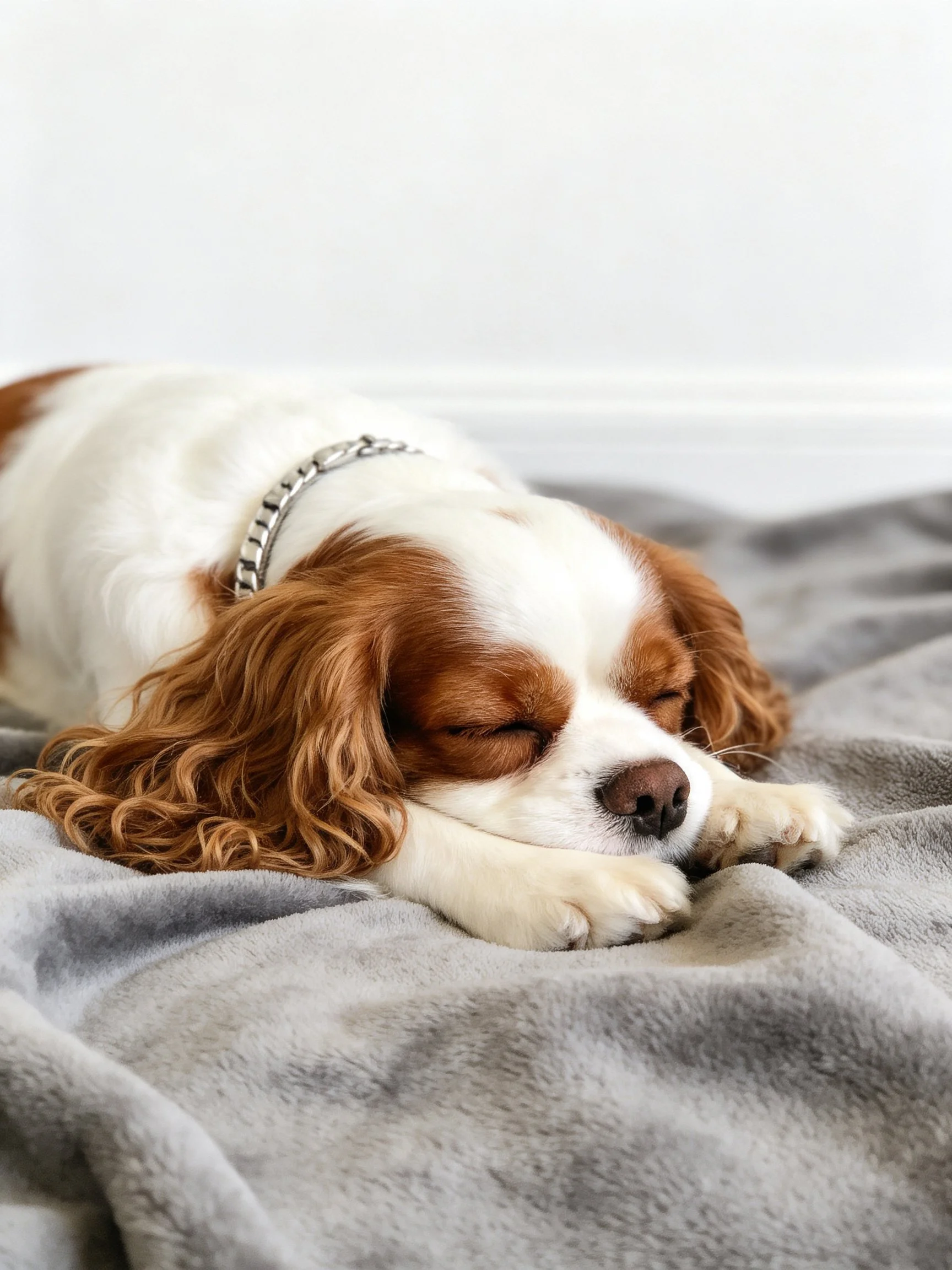 A brown and white spaniel peacefully sleeps on a soft gray blanket.