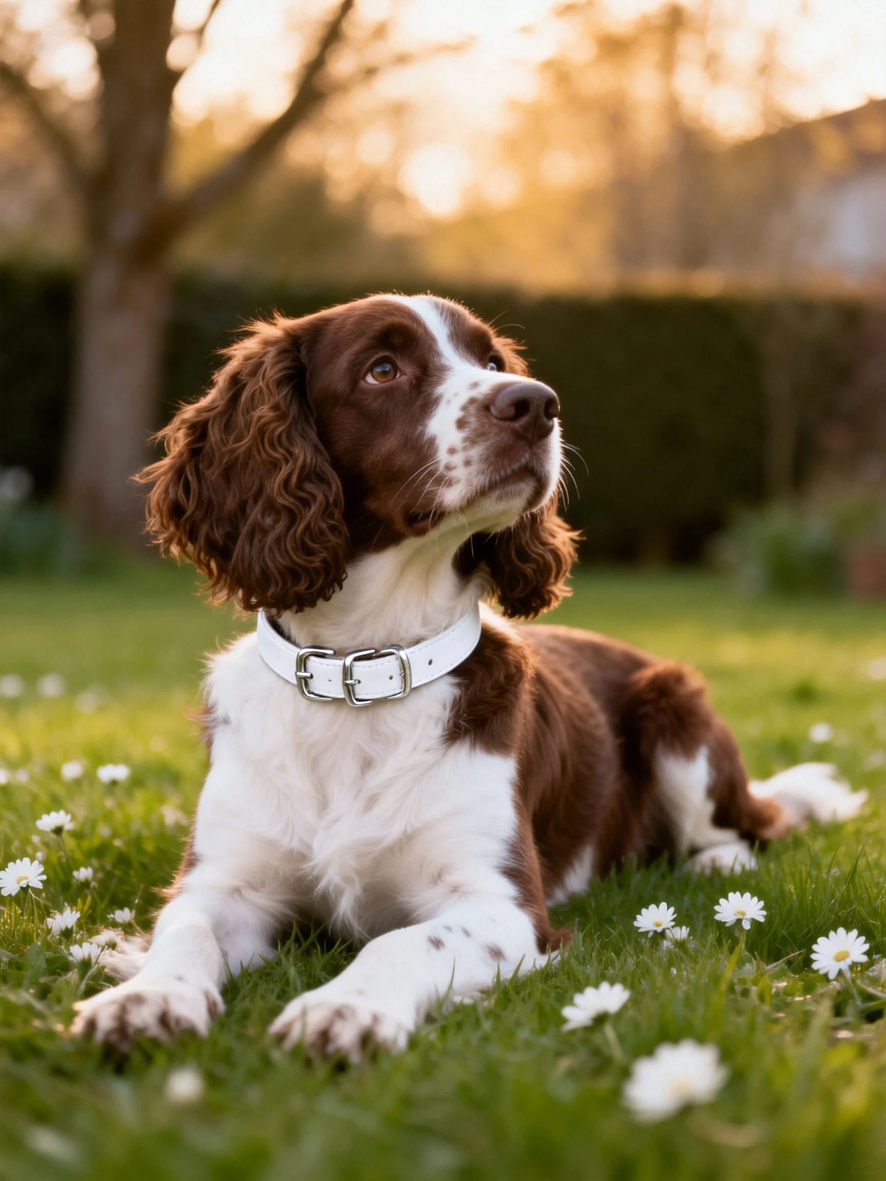 A brown and white spaniel rests on green grass amid daisies under golden light