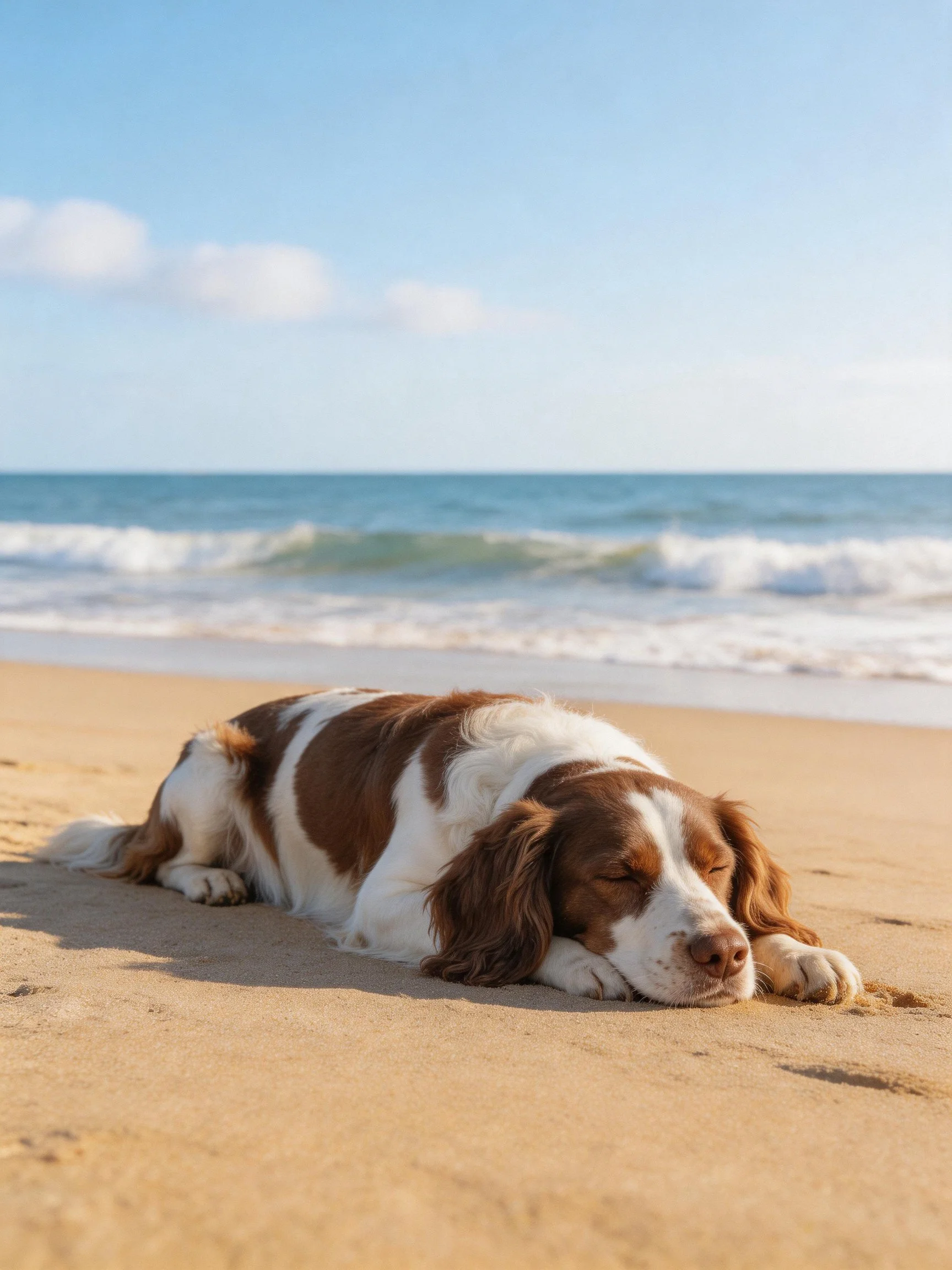 A brown and white spaniel rests on sandy beach by the ocean