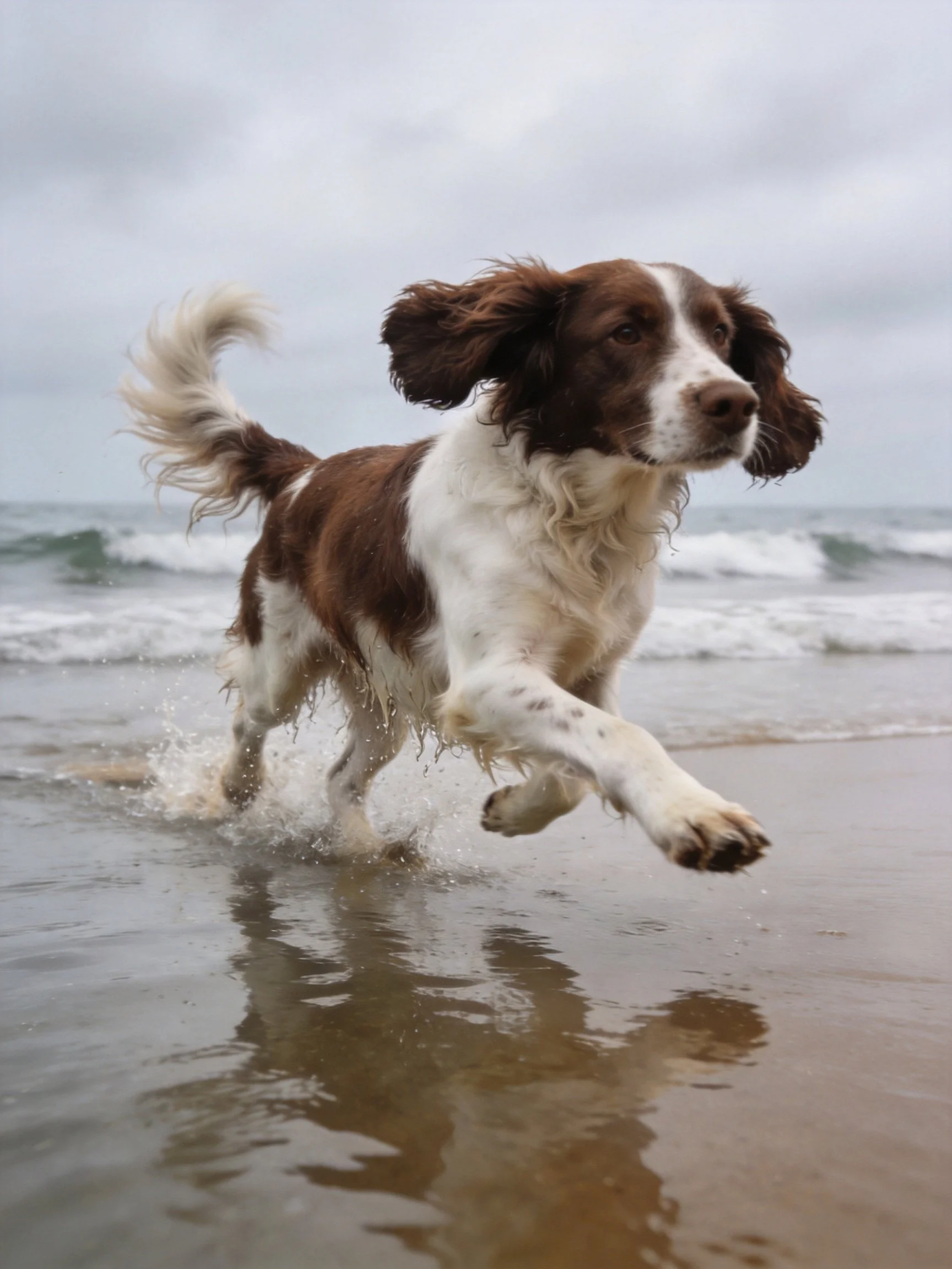 A brown and white spaniel runs joyfully on a wet sandy beach