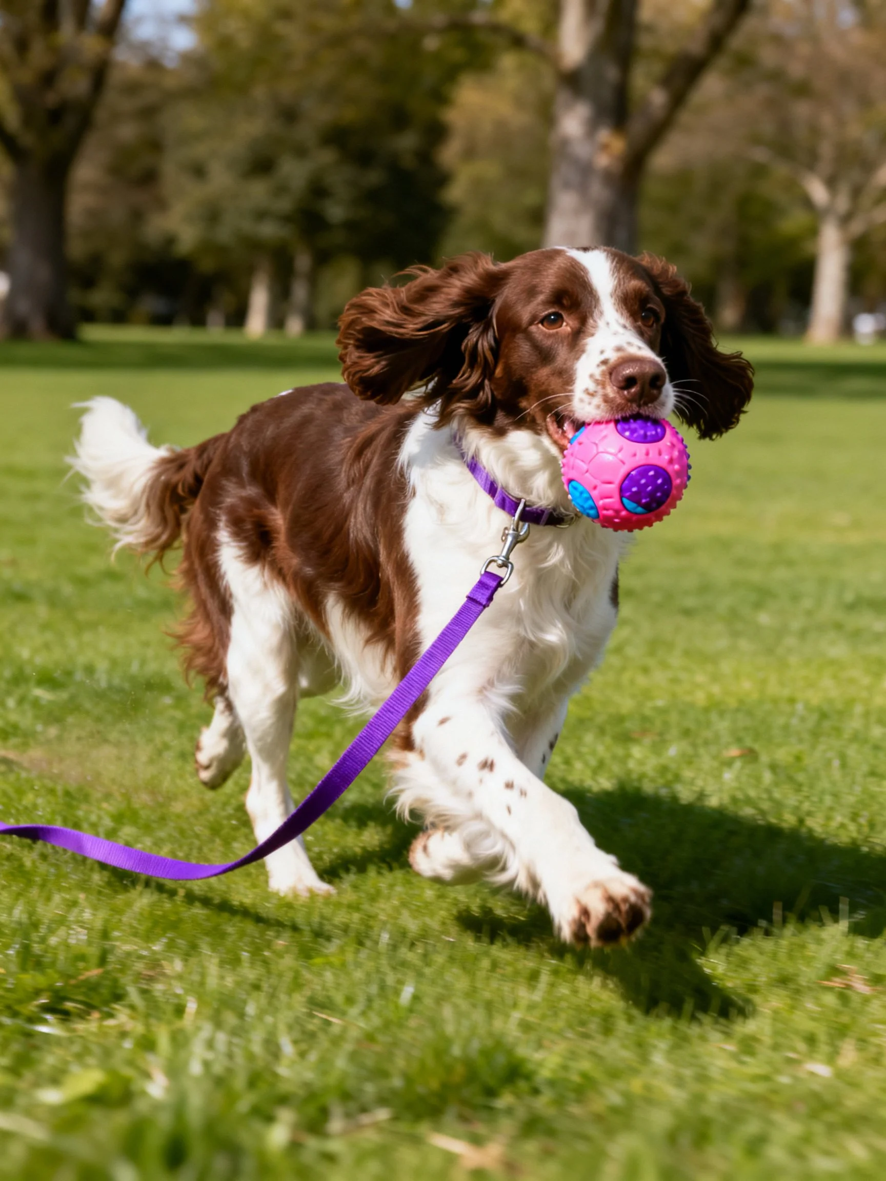 A brown and white spaniel runs with a pink ball on green grass