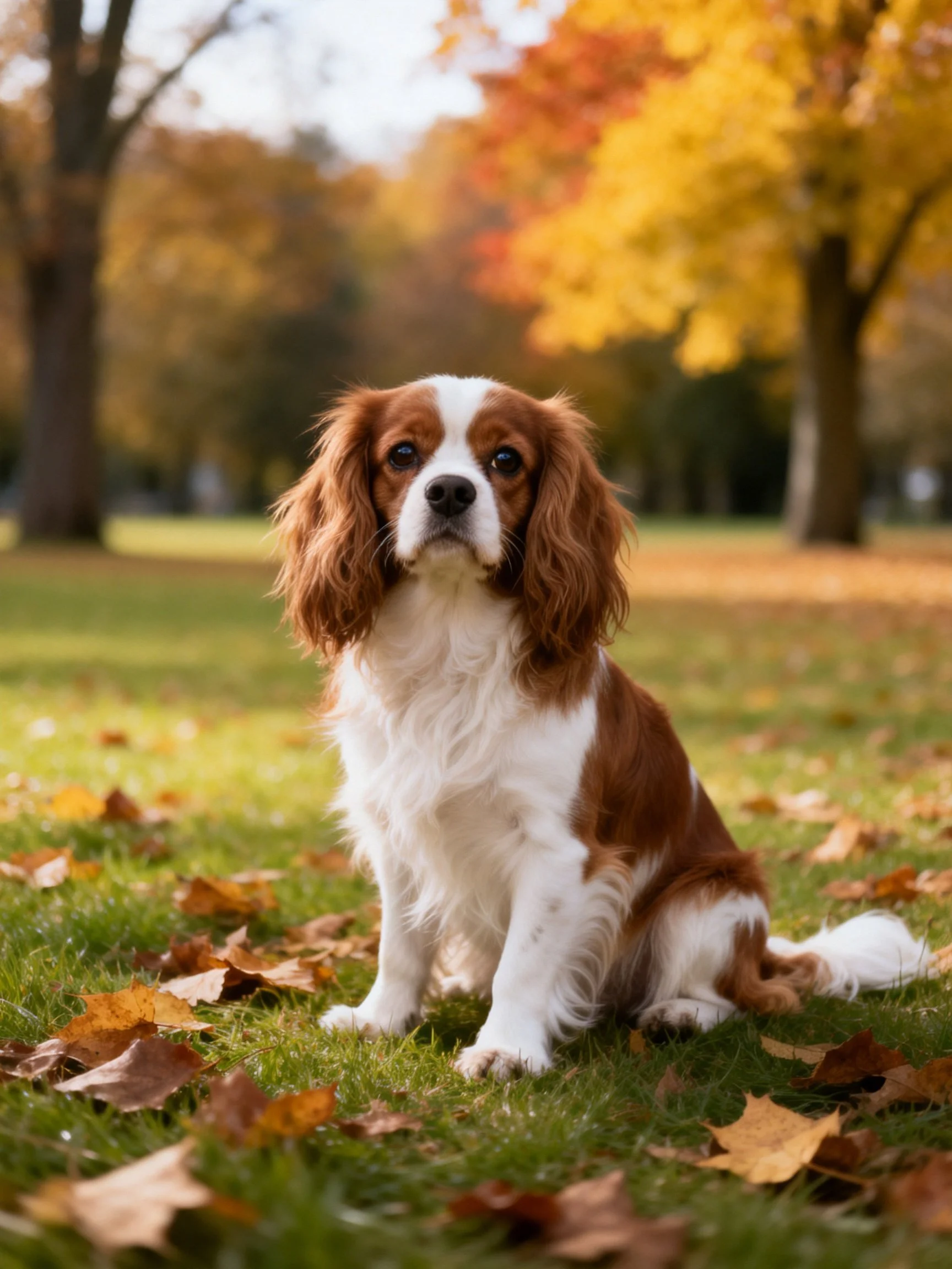 A brown and white spaniel rests peacefully in an autumnal park with colorful fallen leaves.