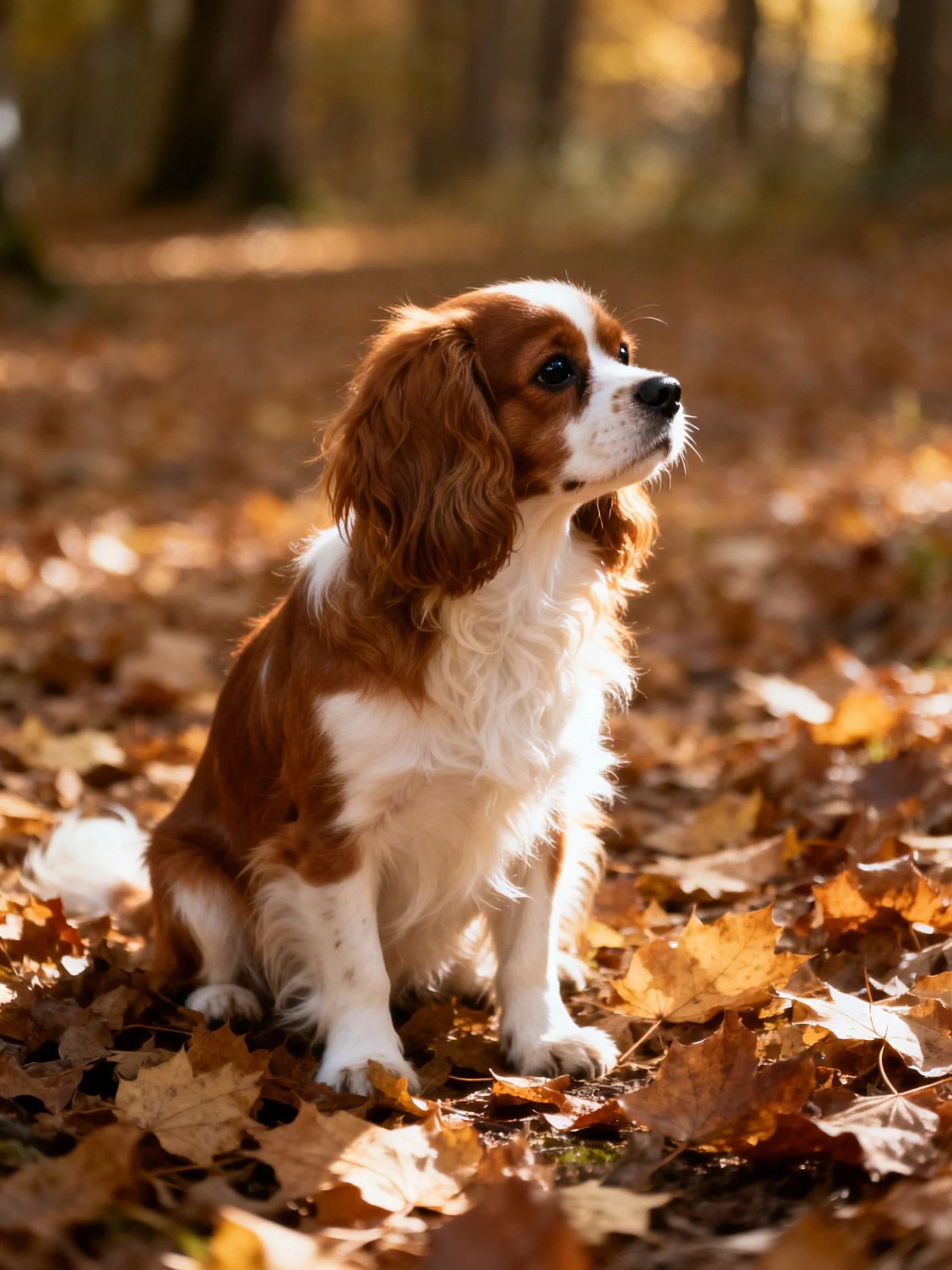 A brown and white spaniel sits among golden autumn leaves