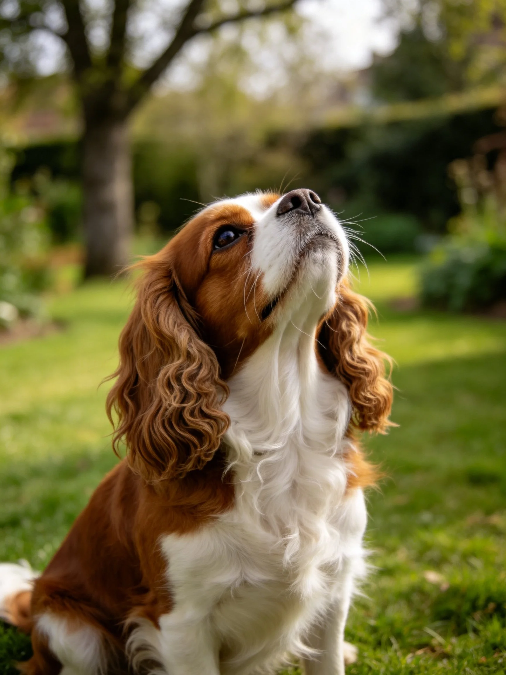A brown and white spaniel sits attentively in a sunlit garden