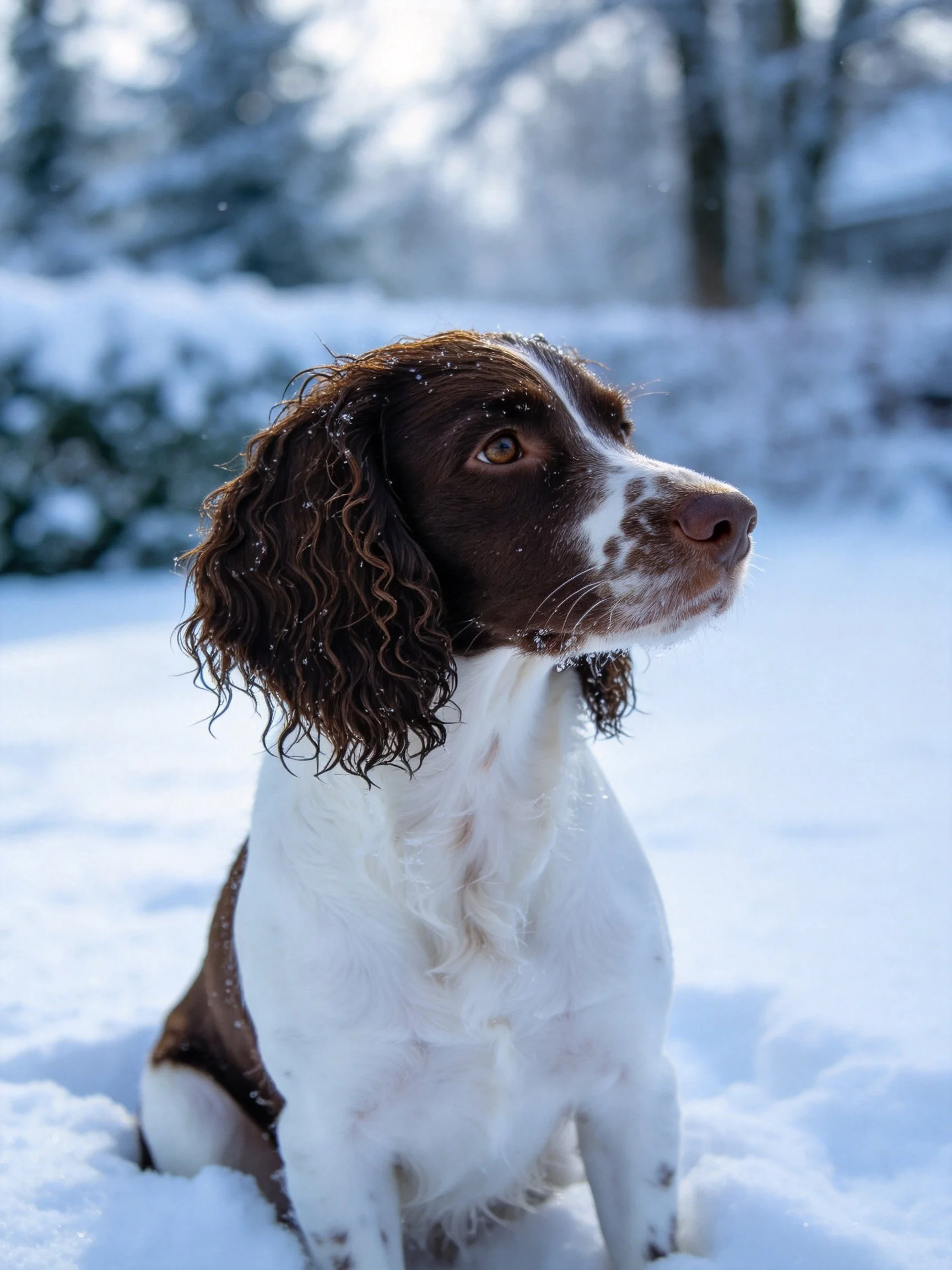 A brown and white spaniel sits in bright snowy terrain