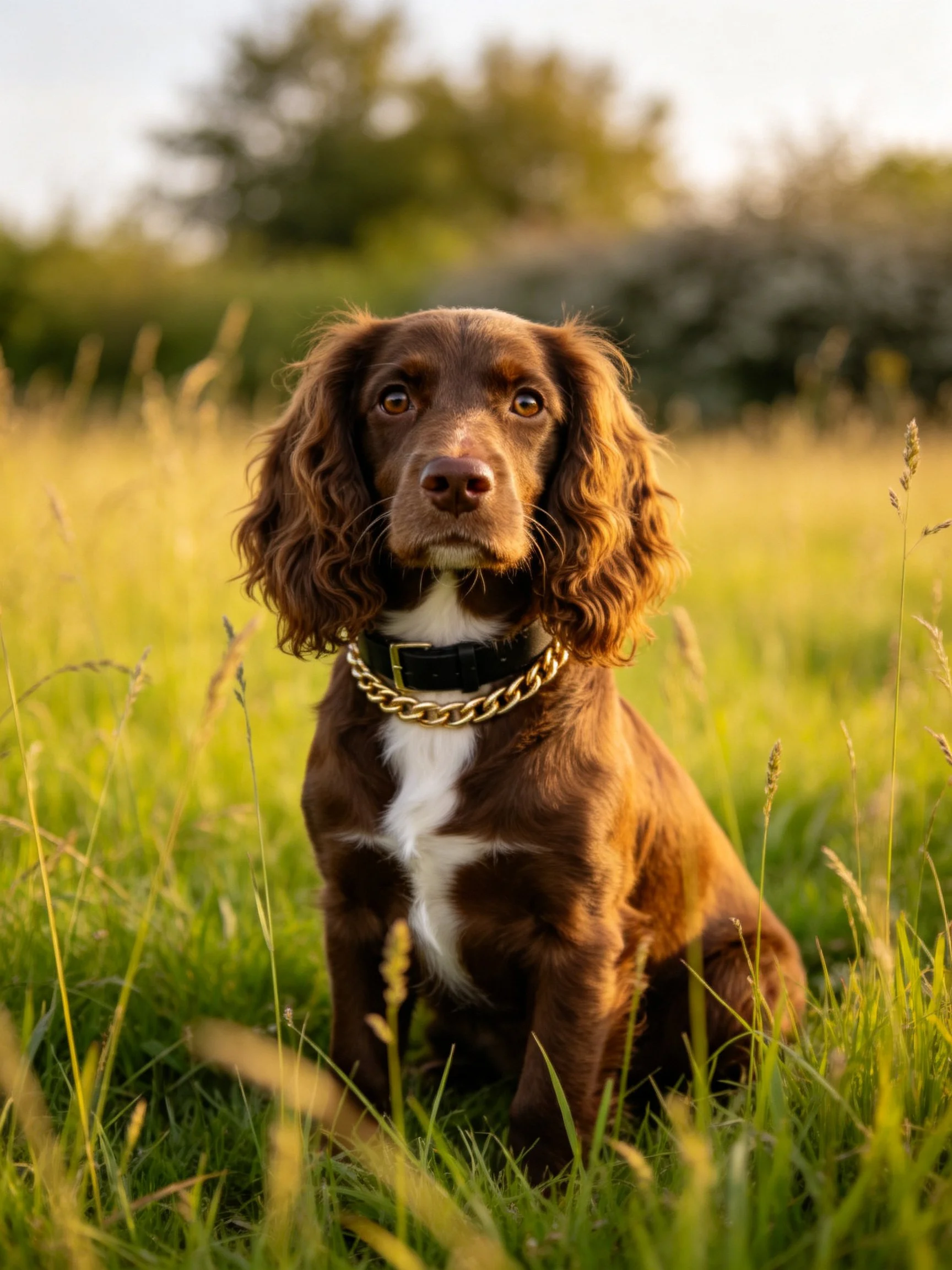 A brown and white spaniel sits in sunlit grassy terrain