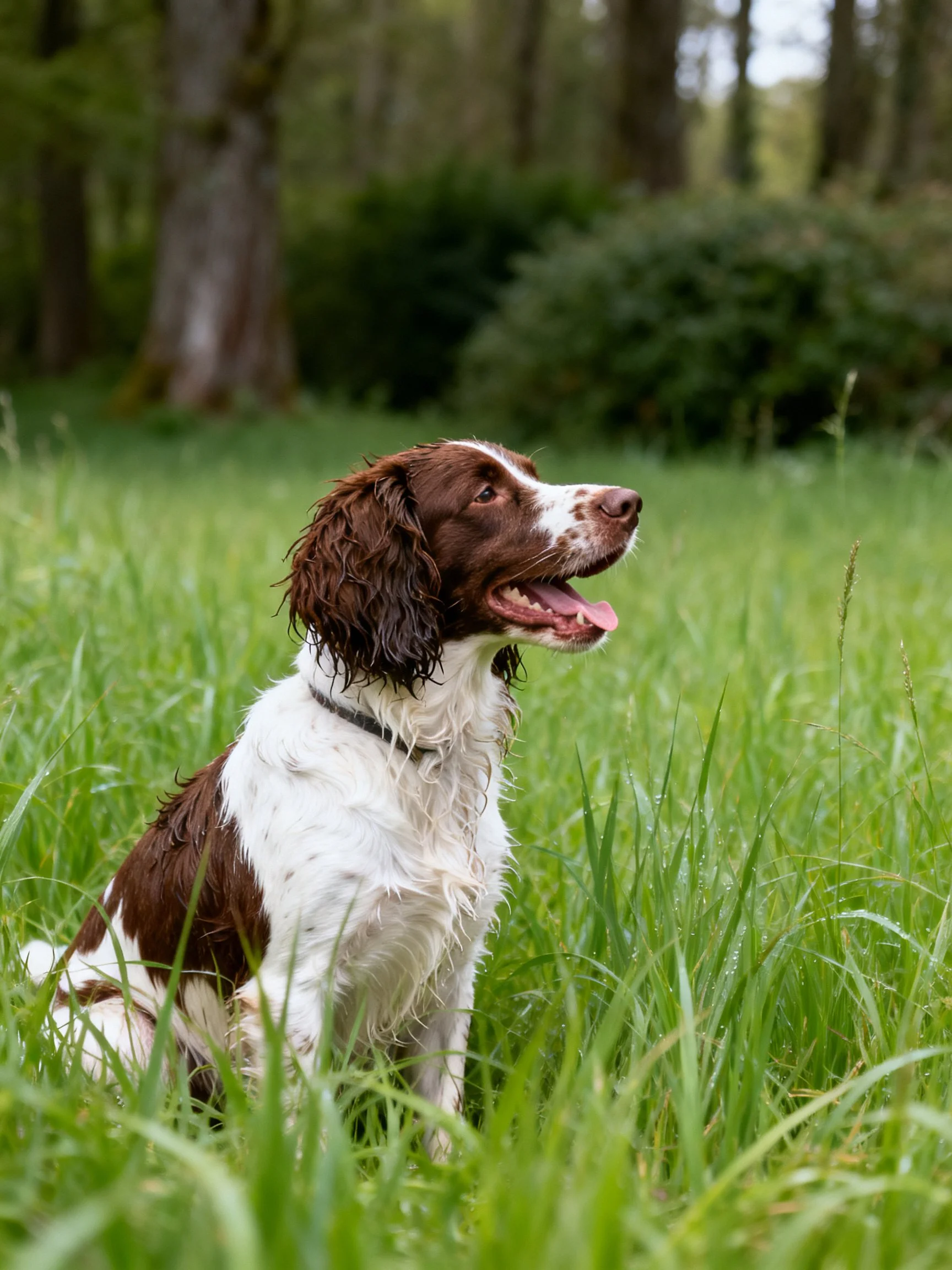 A brown and white spaniel sits in tall green grass near trees