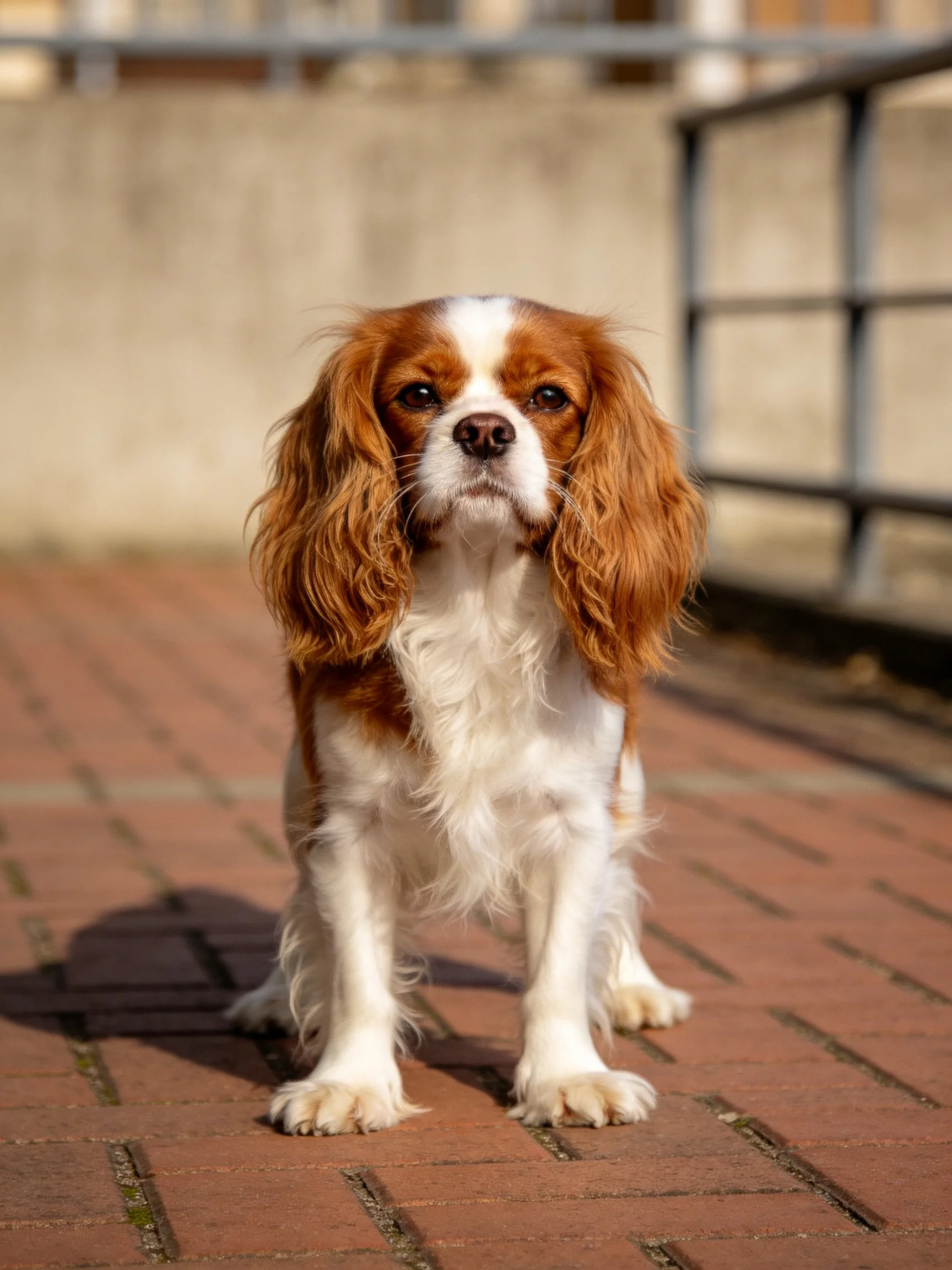 A brown and white spaniel sits calmly on a brick pathway in bright daylight.