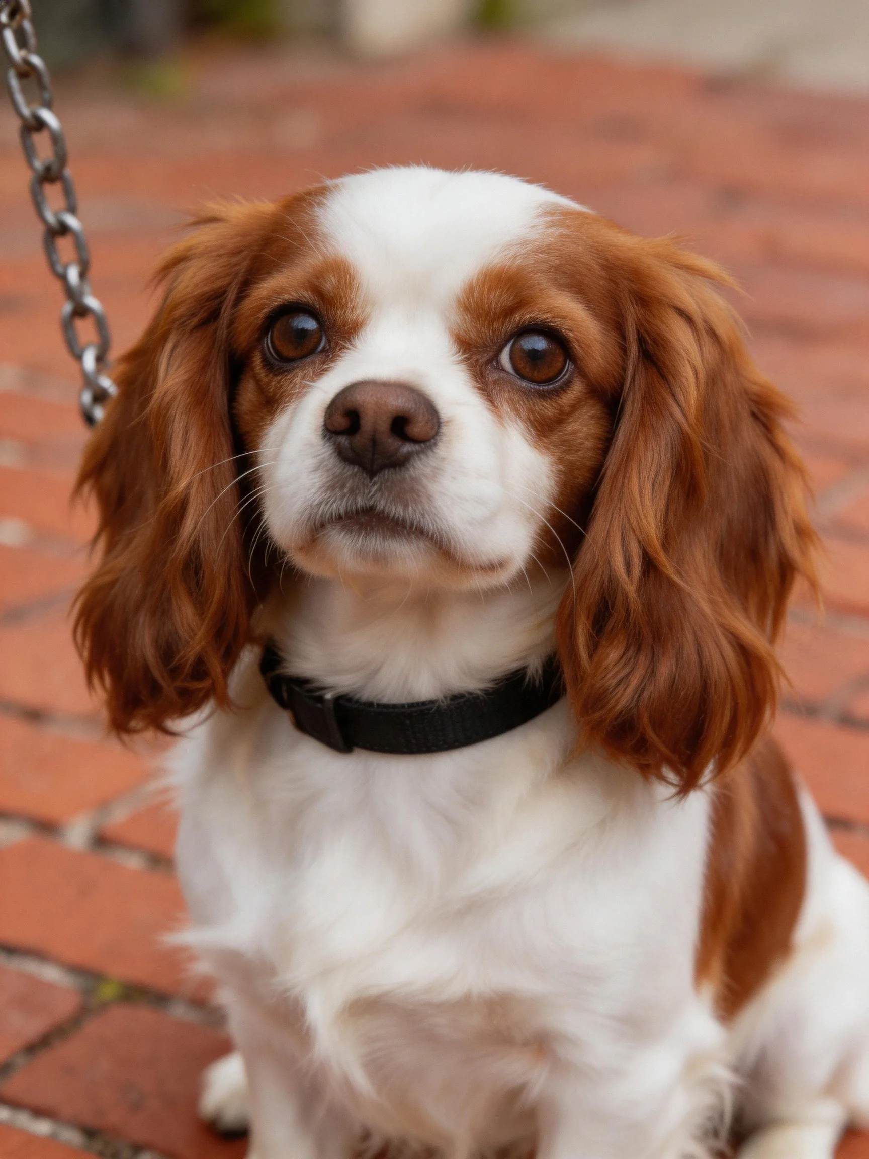 A brown and white spaniel sits calmly on a red brick pavement.