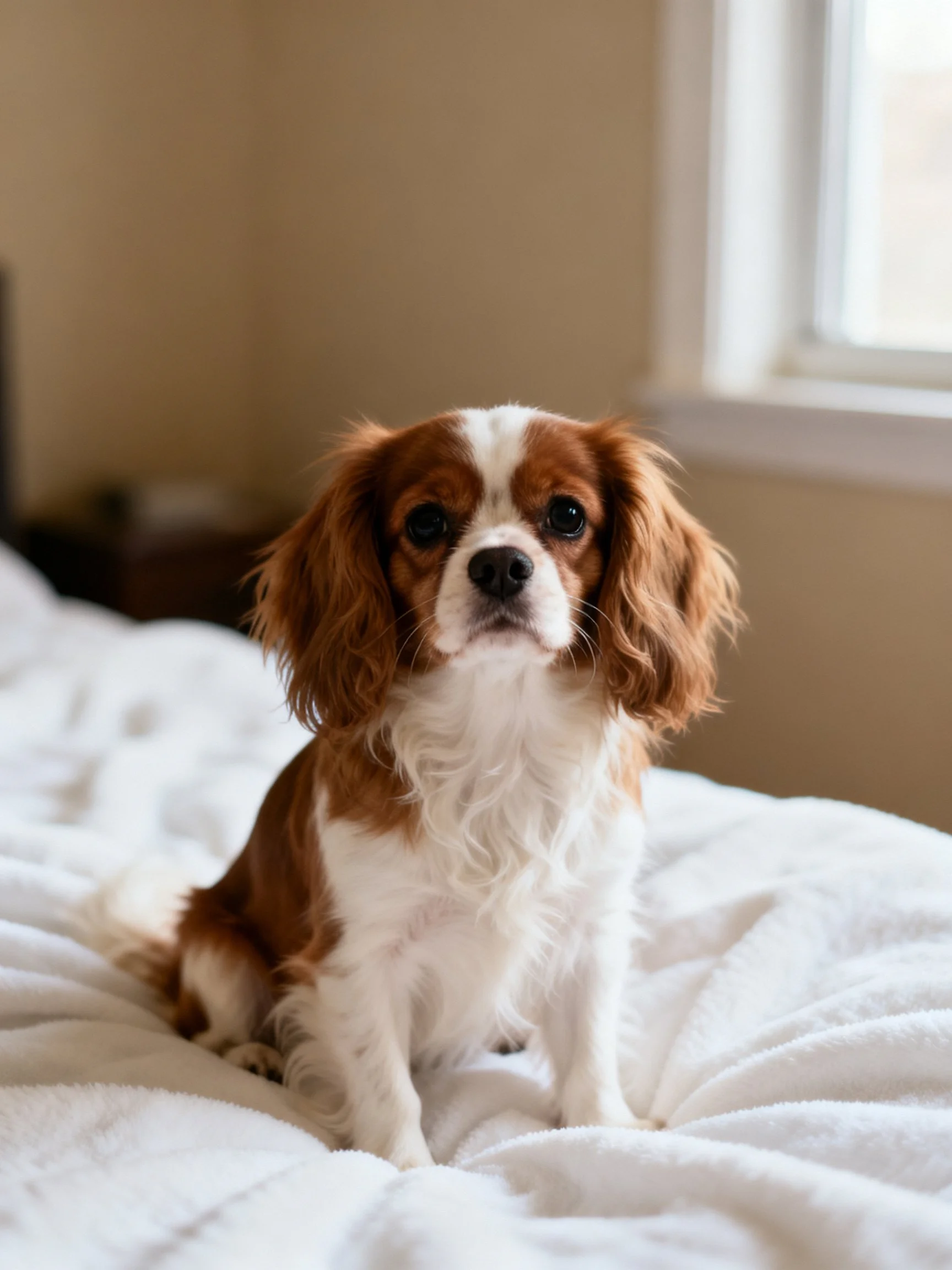 A brown and white spaniel sits calmly on a white bed in a bright room.