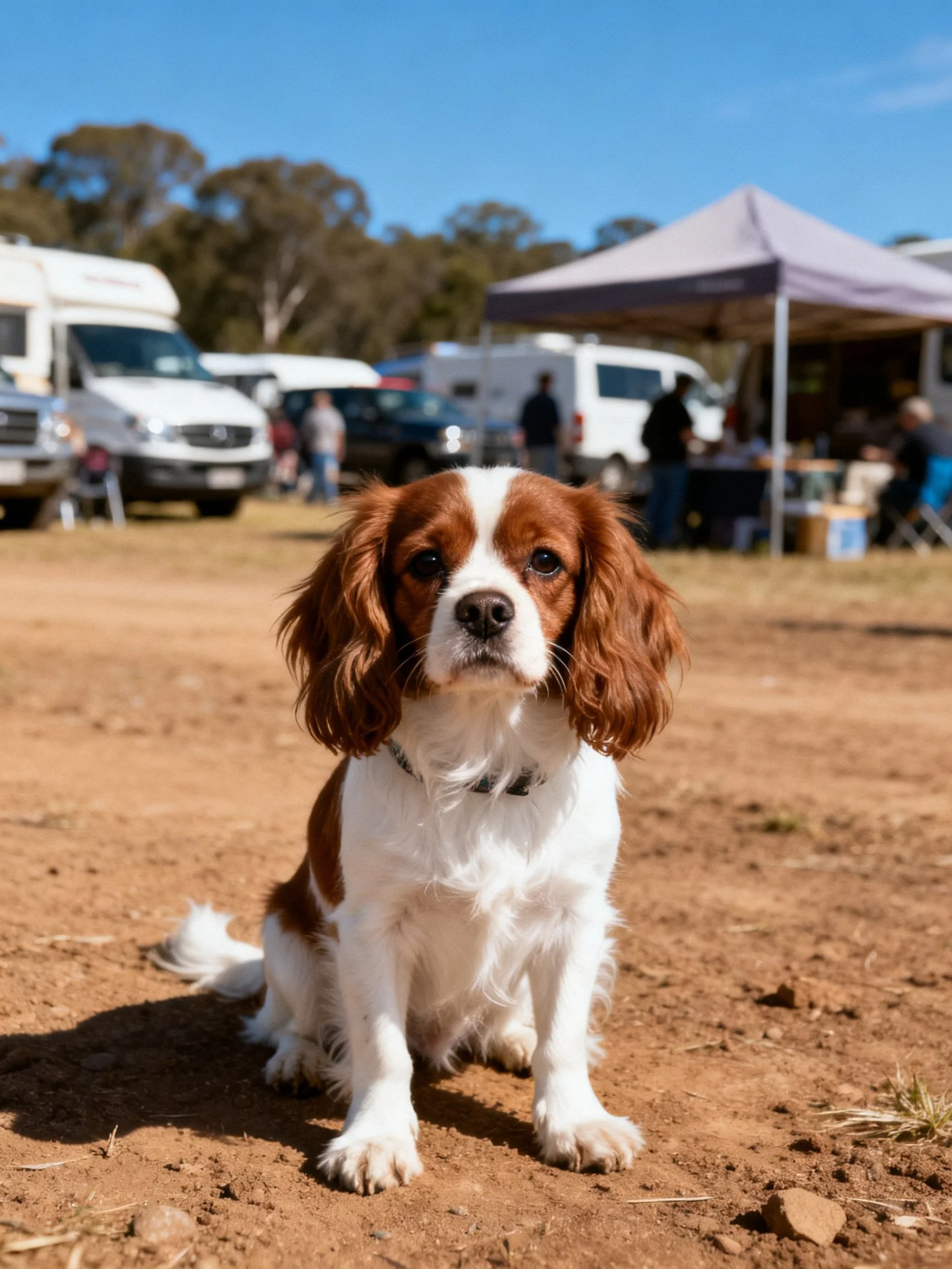 A brown and white spaniel sits on dusty ground amid RVs and a tent