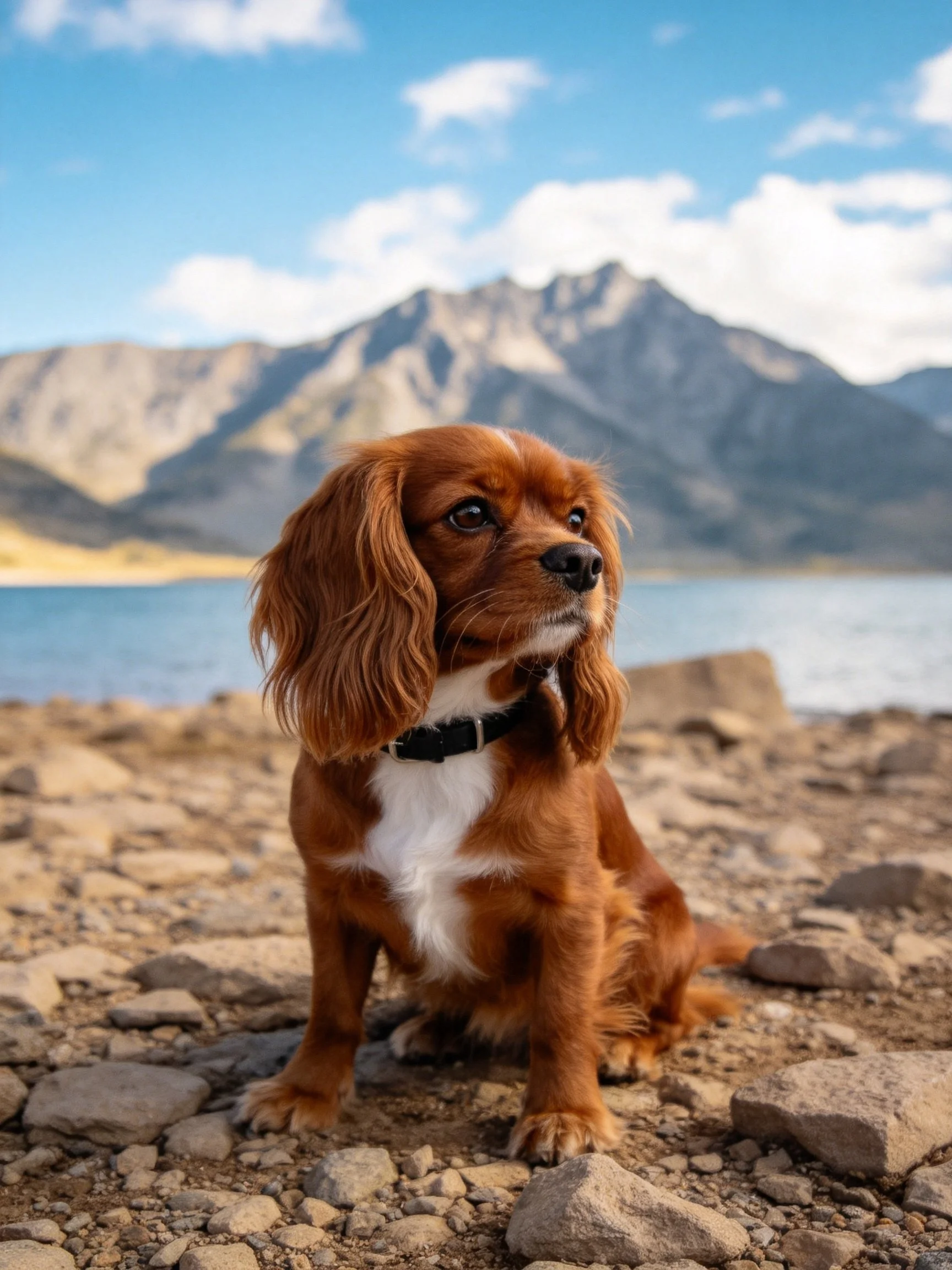 A brown and white spaniel sits on rocky terrain near a lake with mountain backdrop