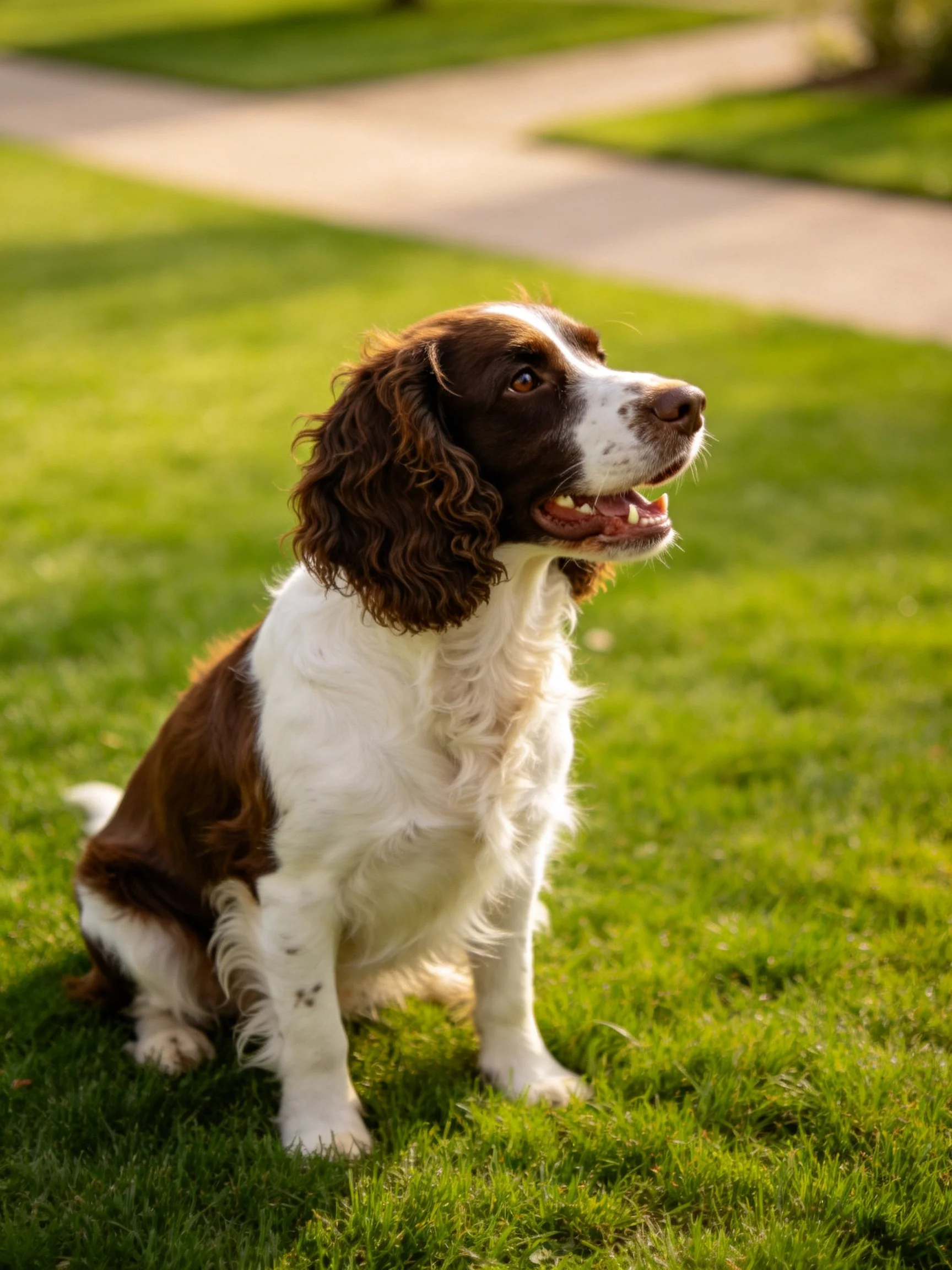 A brown and white spaniel sits on vibrant green grass