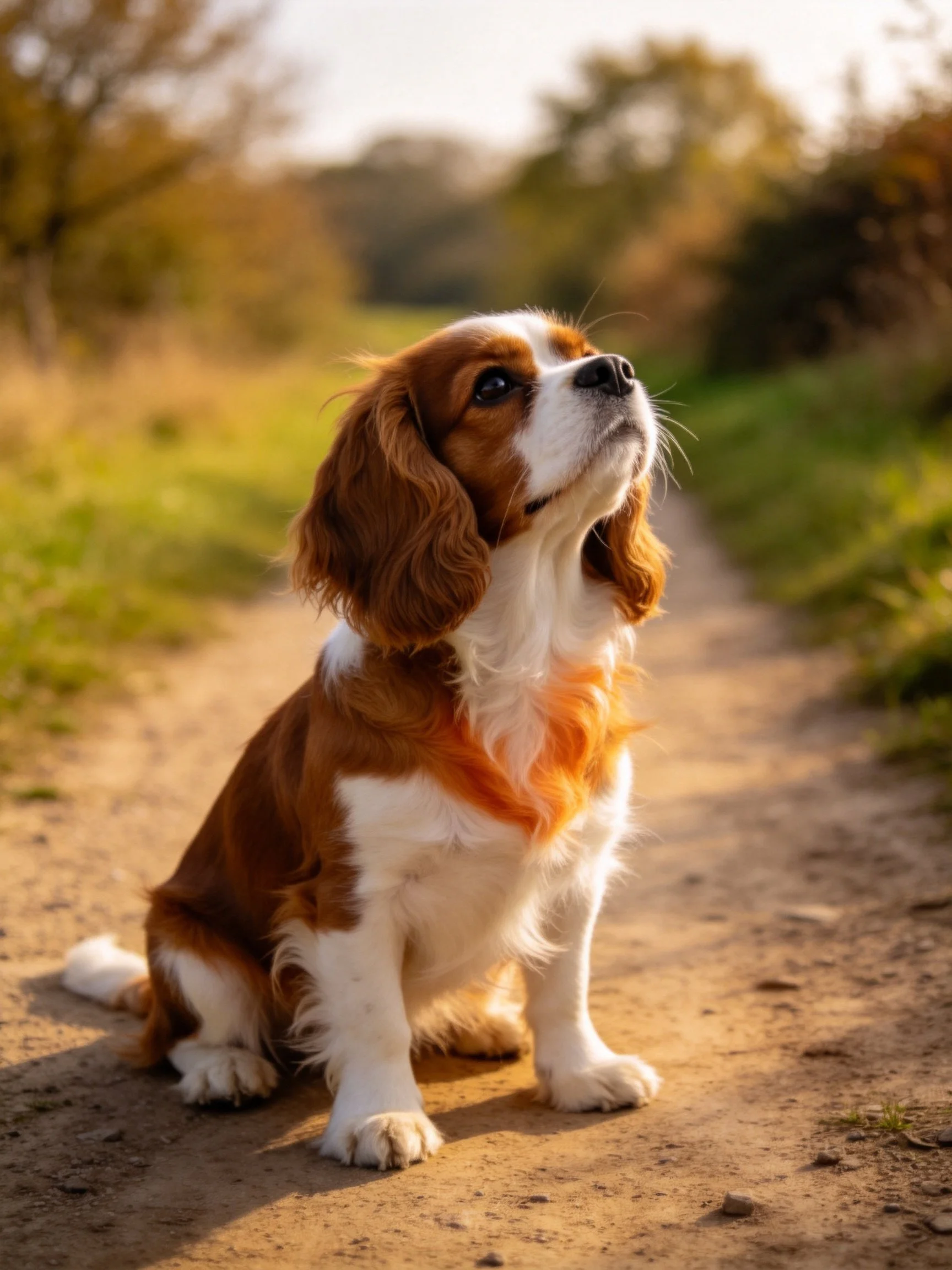 A brown and white spaniel sitting on a sunlit dirt path