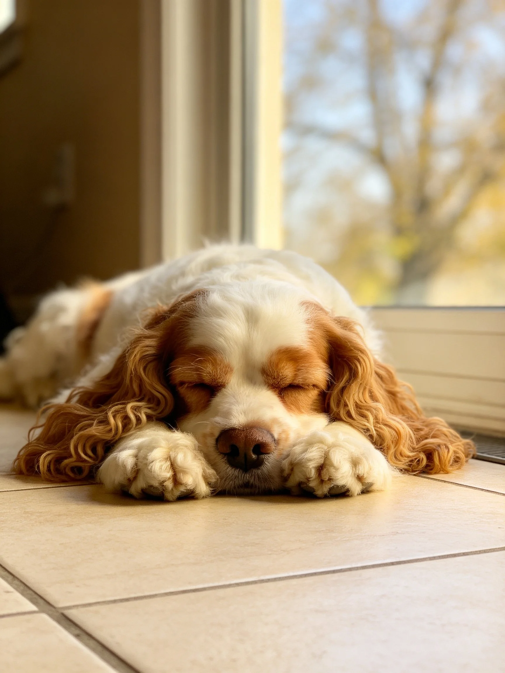 A brown and white spaniel sleeps peacefully by a sunlit sliding door