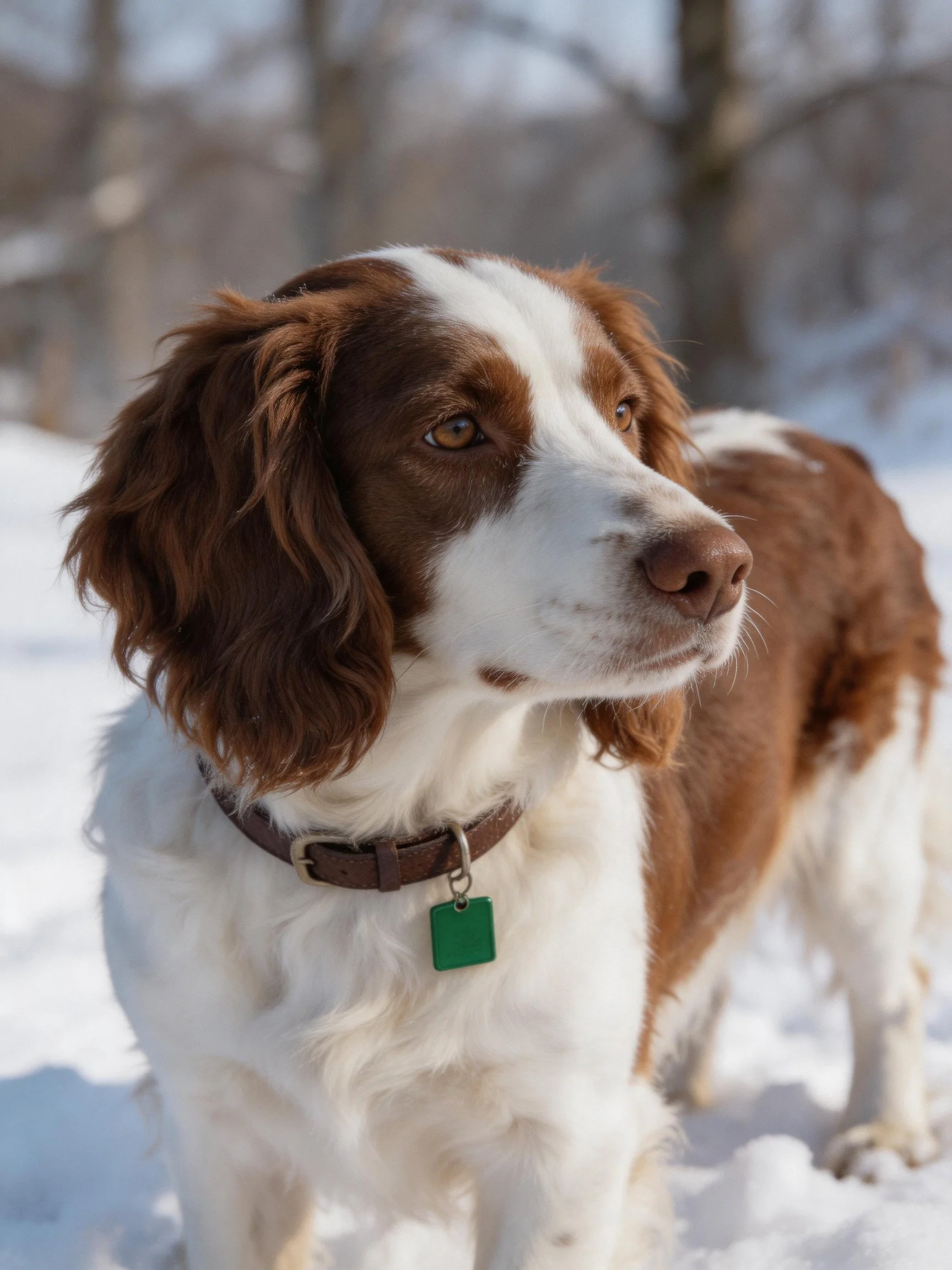 A brown and white spaniel stands alert in a snowy landscape