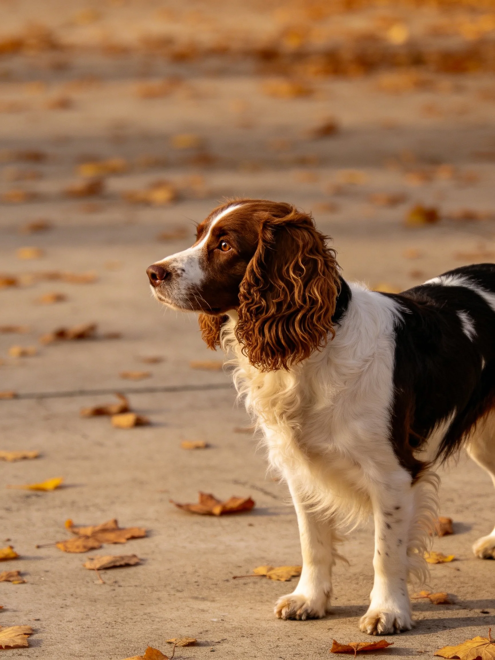 A dog stands alert on a leaf-covered pavement.