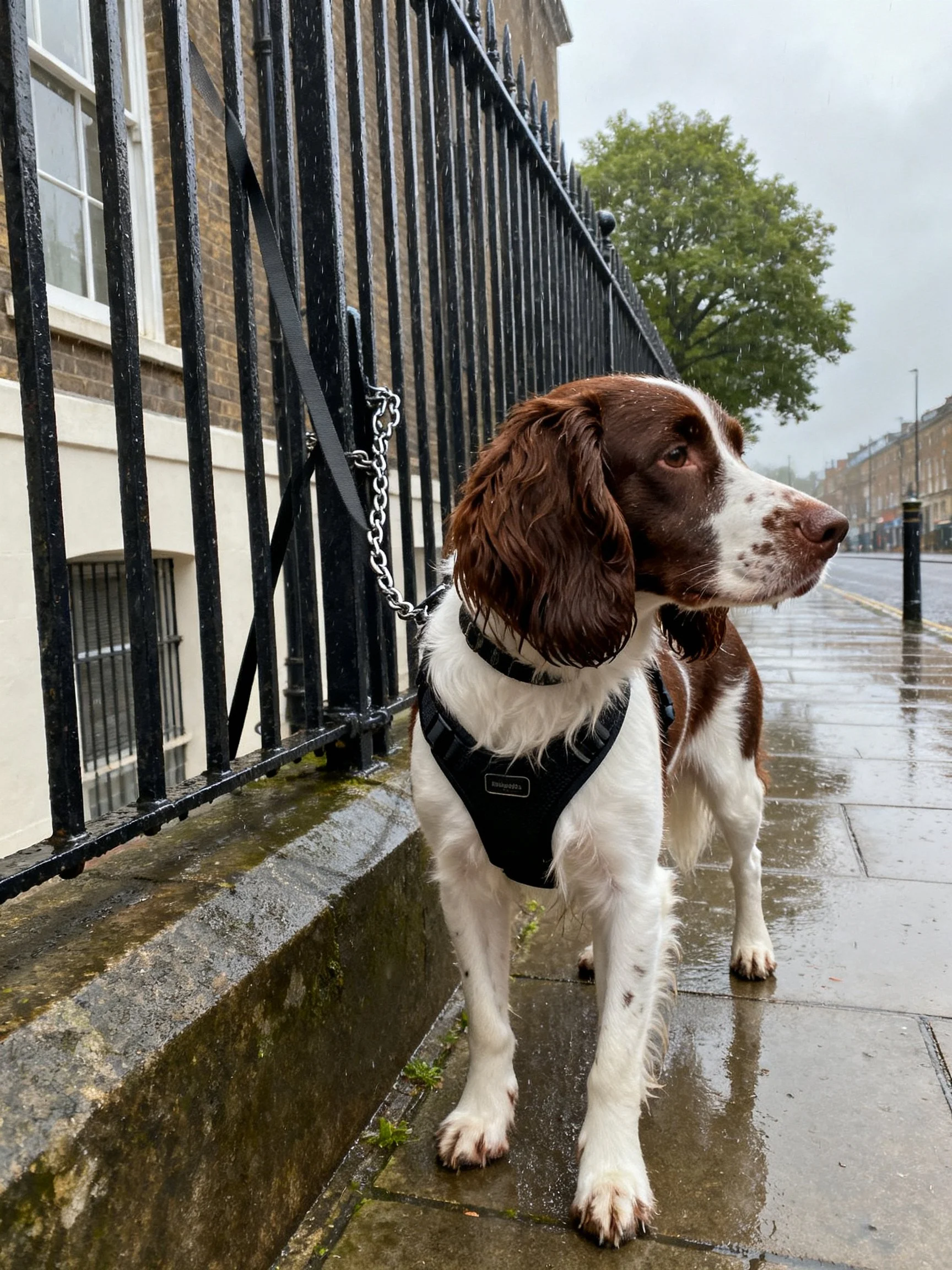 A brown and white spaniel stands by a black iron fence on a rainy sidewalk