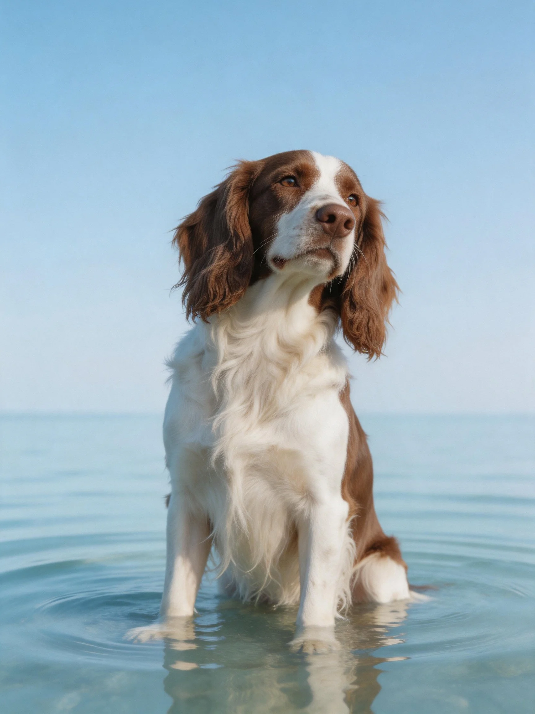 A brown and white spaniel stands calmly in shallow water under a clear blue sky.