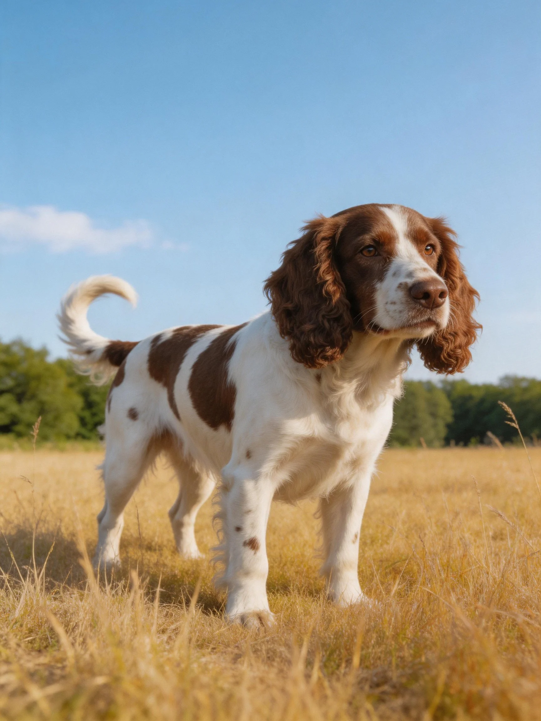 A brown and white spaniel stands alertly in a sunlit grassy field.