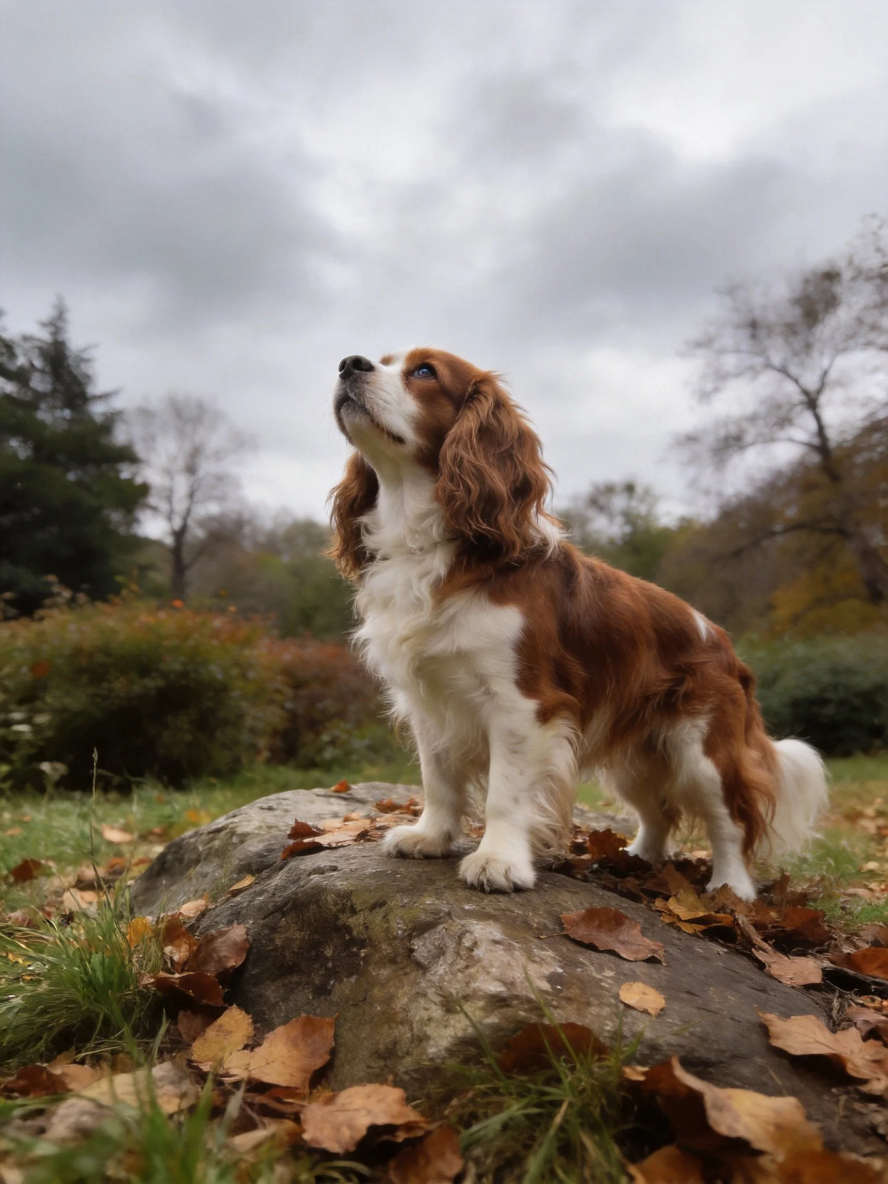 A brown and white spaniel stands on a rock surrounded by autumn foliage