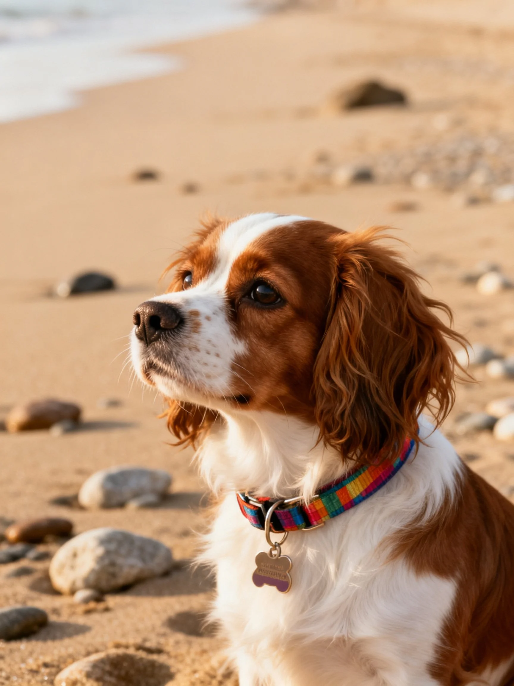 A brown and white spaniel rests on a rocky sandy beach.