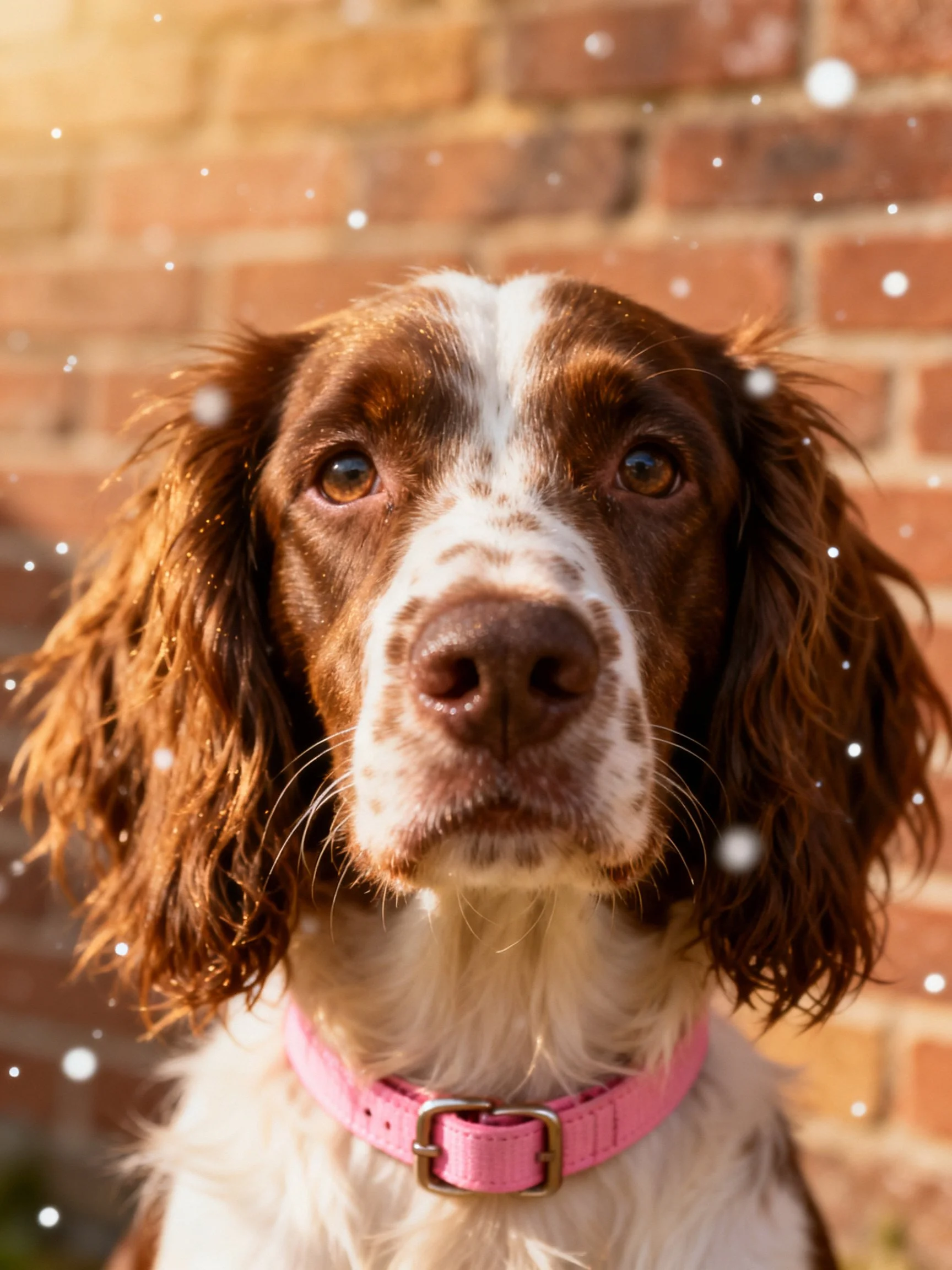 A brown and white spaniel with a pink collar by a brick wall
