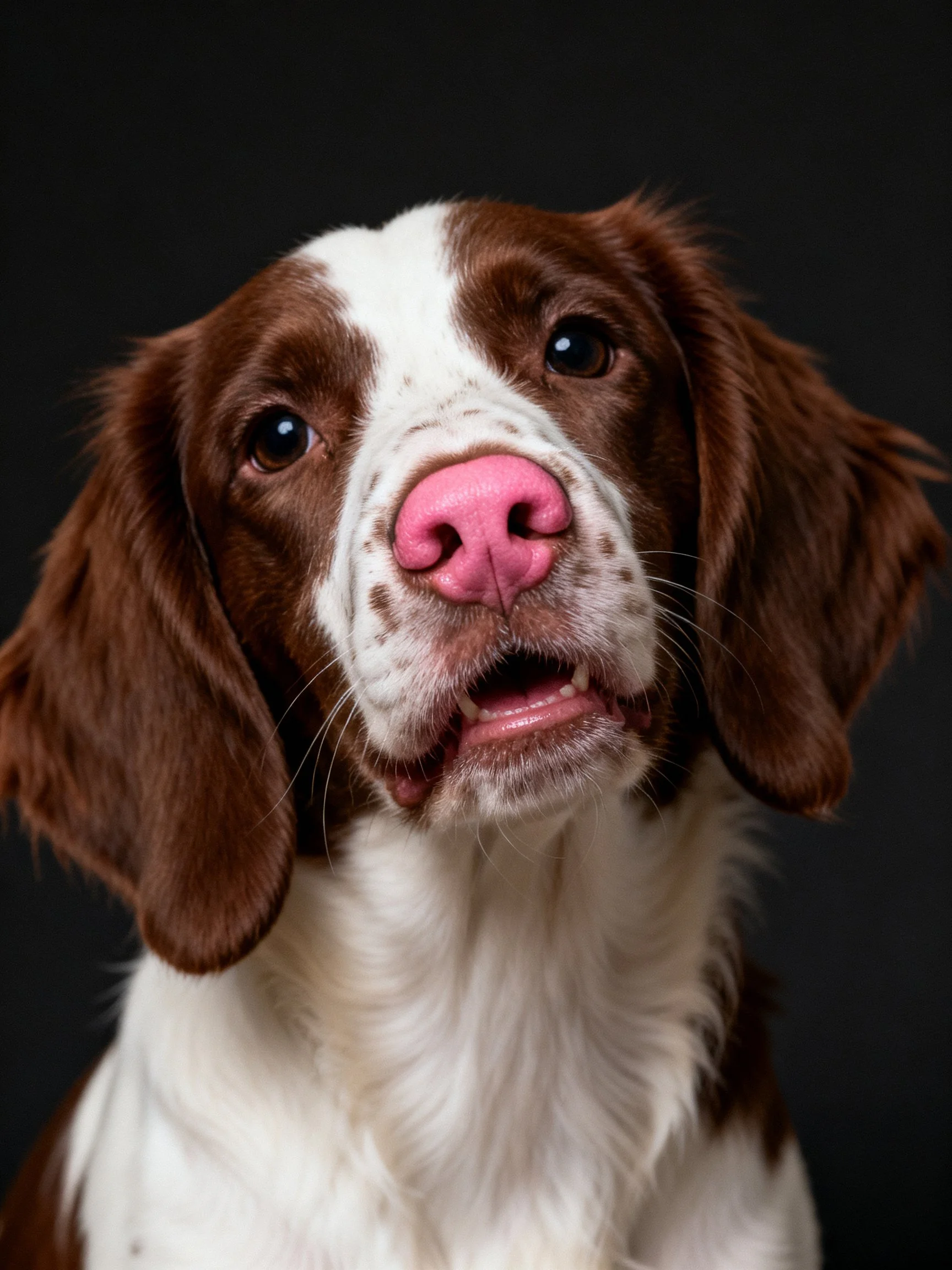A brown and white spaniel with a pink nose is displayed against a dark background.