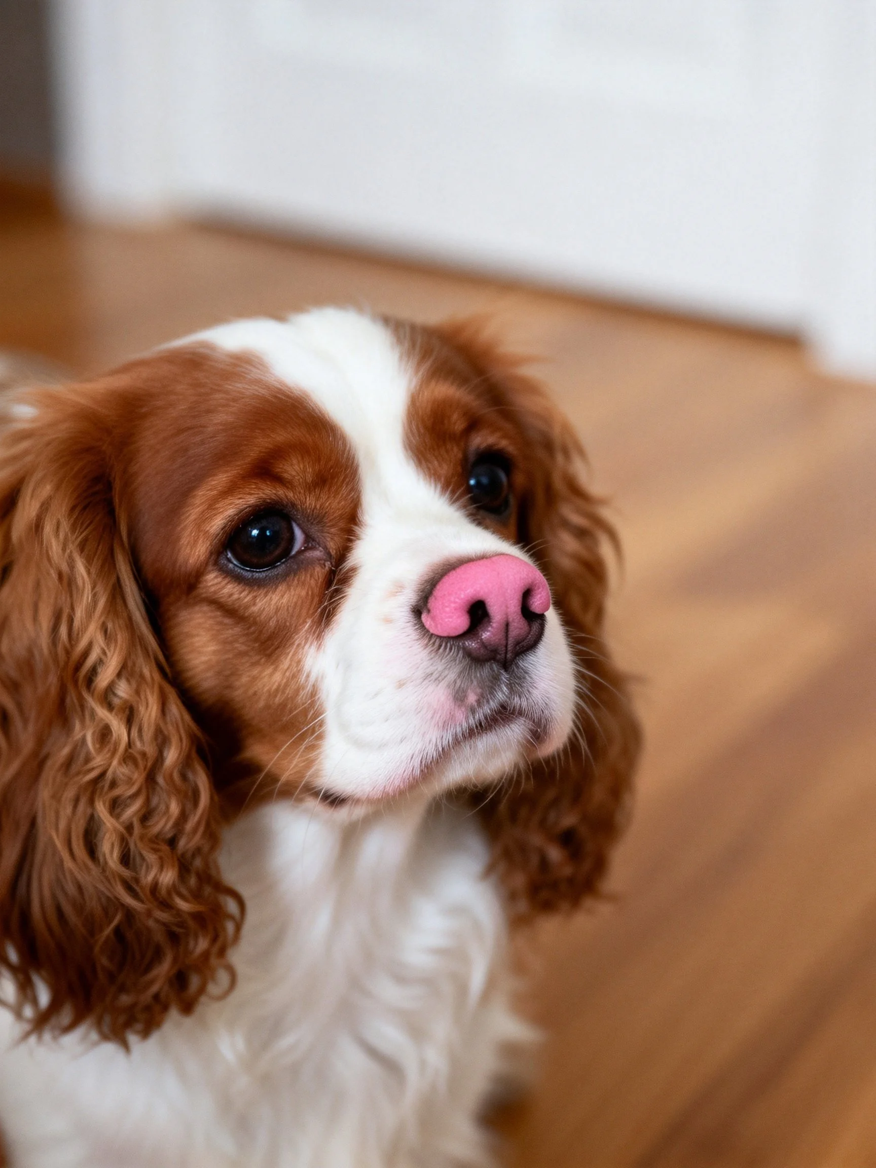 A brown and white spaniel gazes toward the camera near a wooden floor.