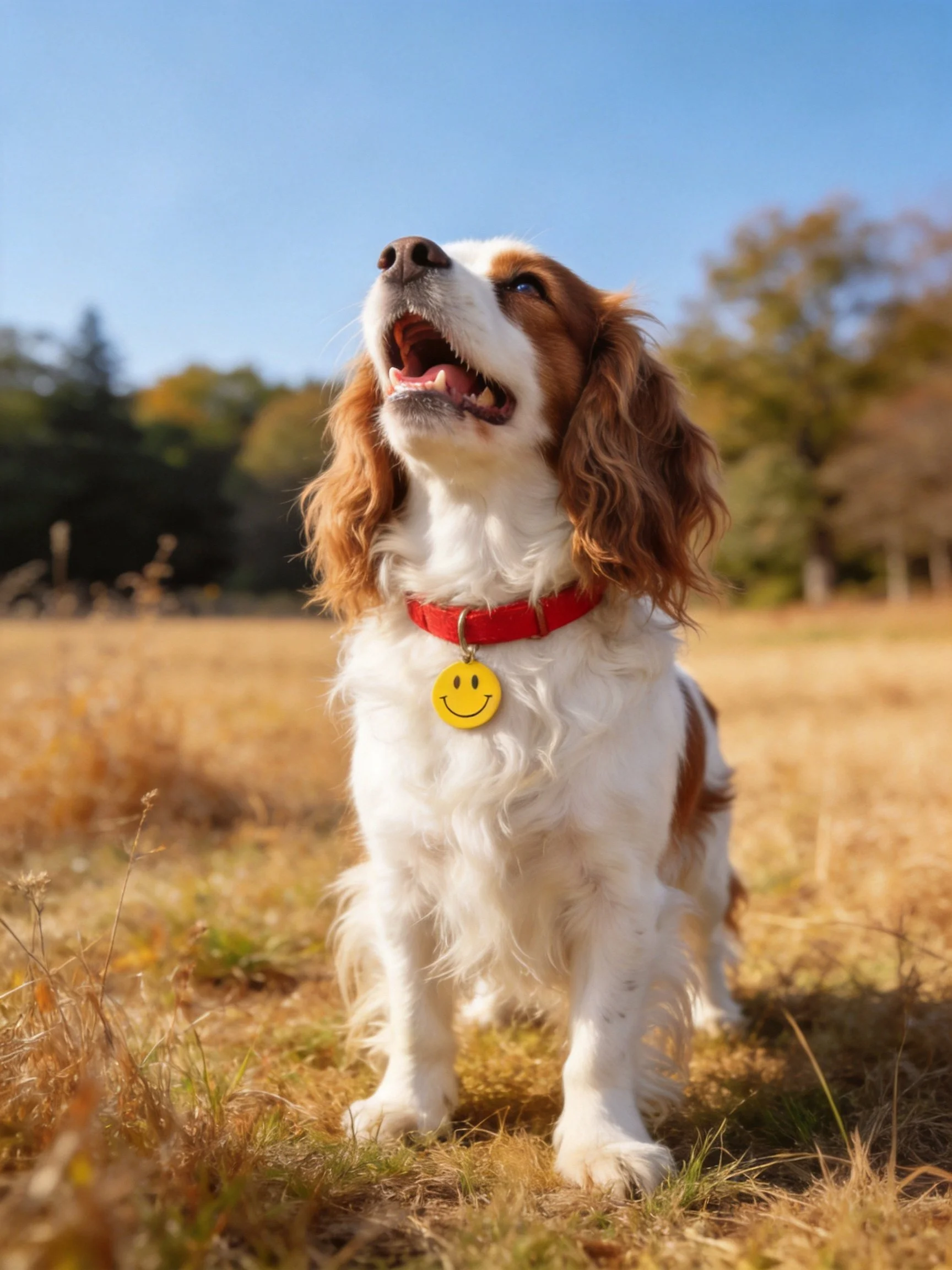 A brown and white spaniel with a red collar stands in a sunlit field