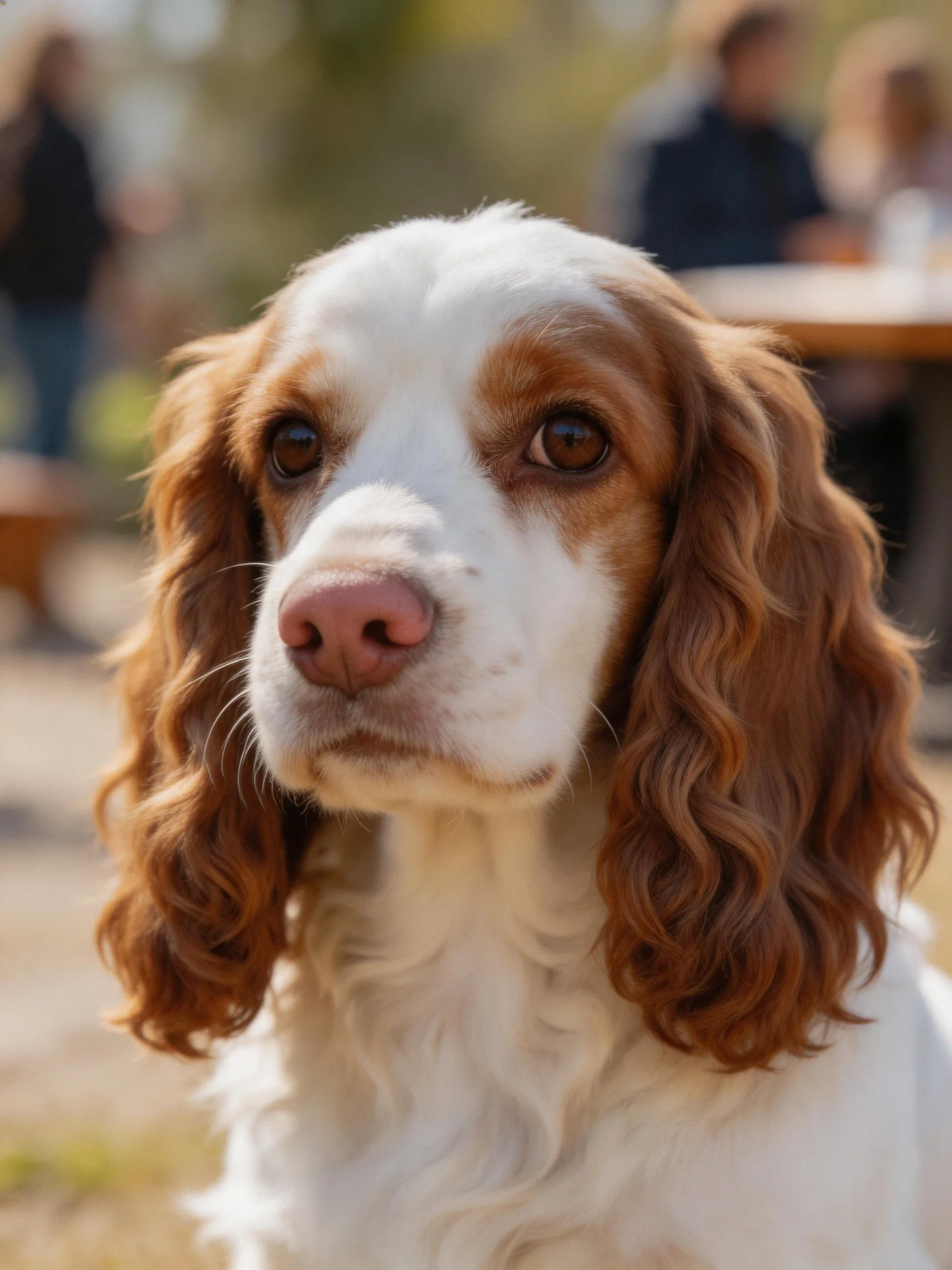 A brown and white spaniel with curly ears in an outdoor setting